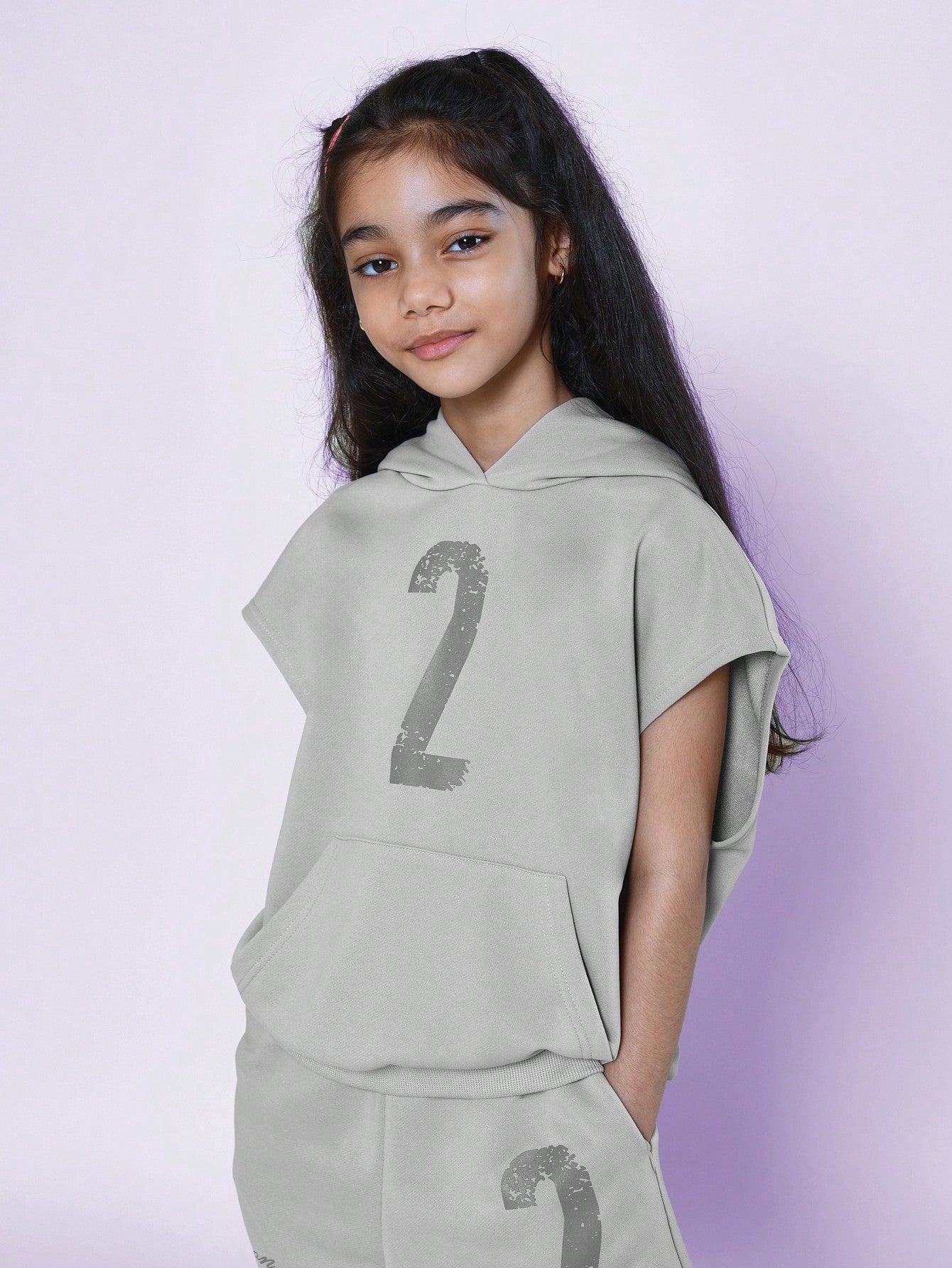 Tween Girls Sleeveless Overhead Hoodie And Short With Number Graphic 2 Piece Set