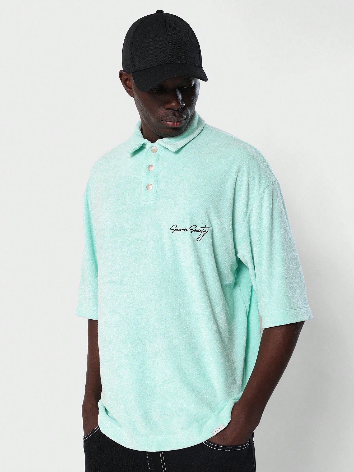 Oversized Fit Towelling Polo Shirt With Embroidered Letter Design