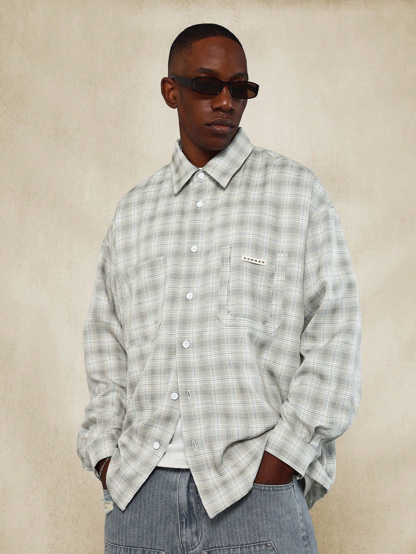 Oversized Fit Checked Shirt With Ripped Pocket Detail & Curve Hem