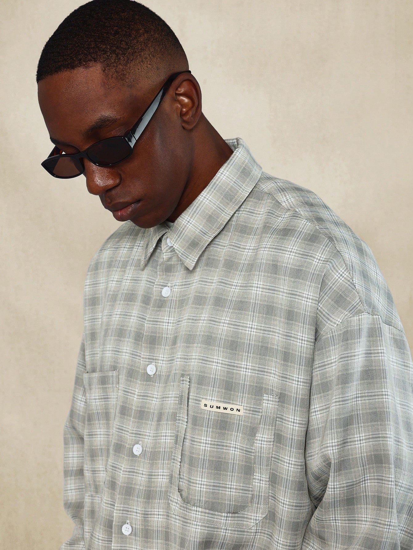 Oversized Fit Checked Shirt With Ripped Pocket Detail & Curve Hem