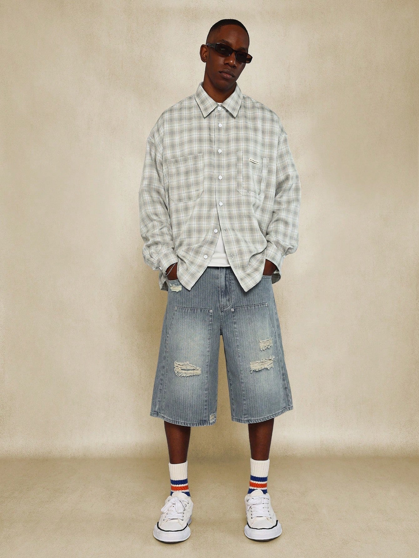 Oversized Fit Checked Shirt With Ripped Pocket Detail & Curve Hem