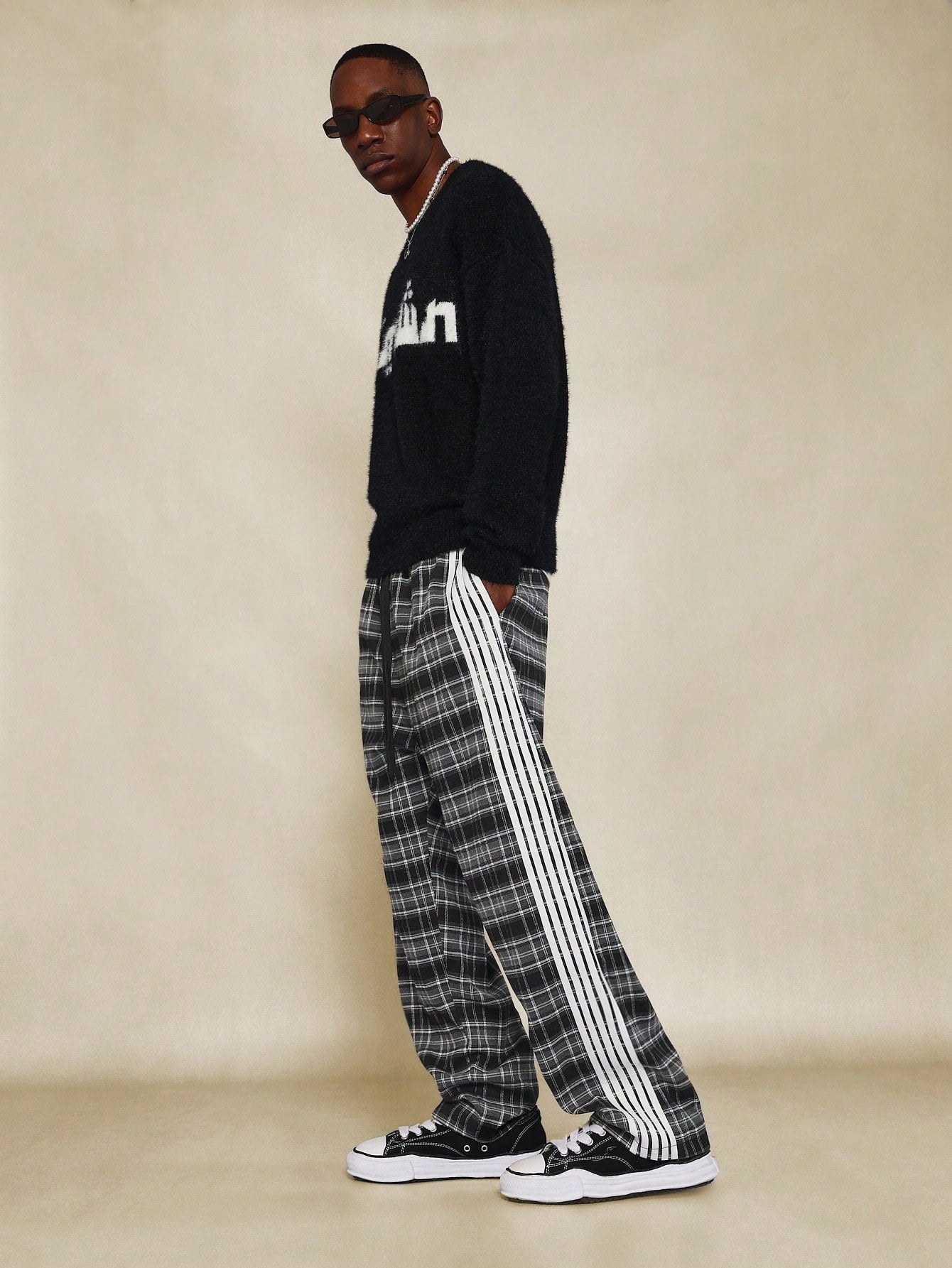 Loose Fit Checked Pant With Drawstring & Side Stripe Detail