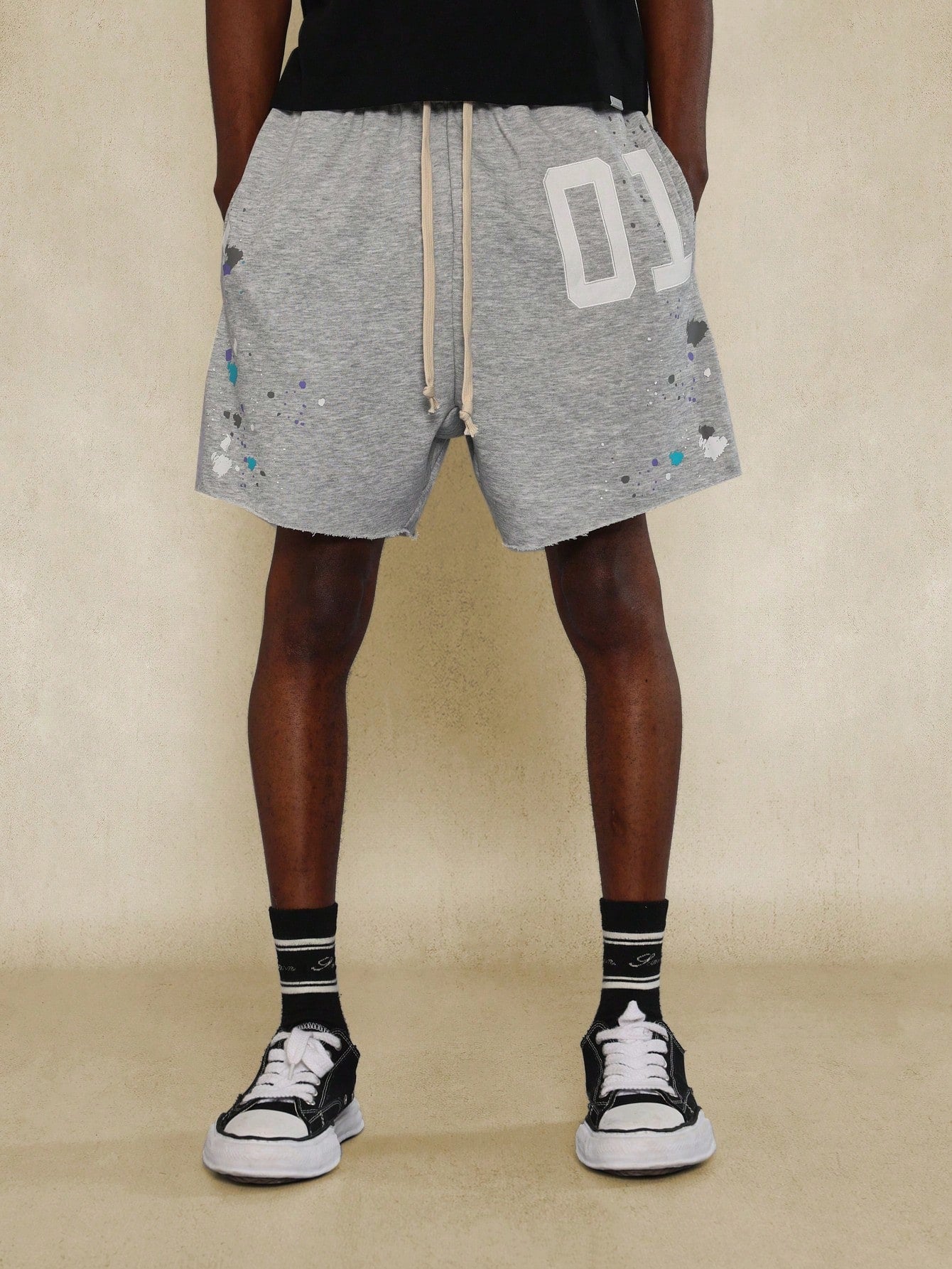 Drop Crotch Raw Edge Short With Splatter Paint And Number Graphic Print