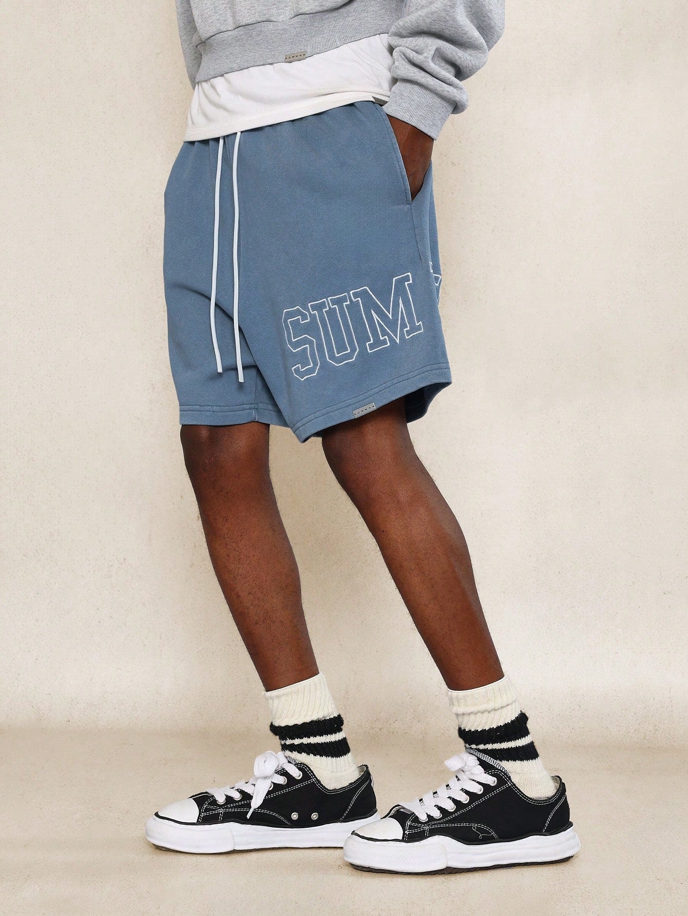 Drop Crotch Washed Short With Embroidery & Drawcords