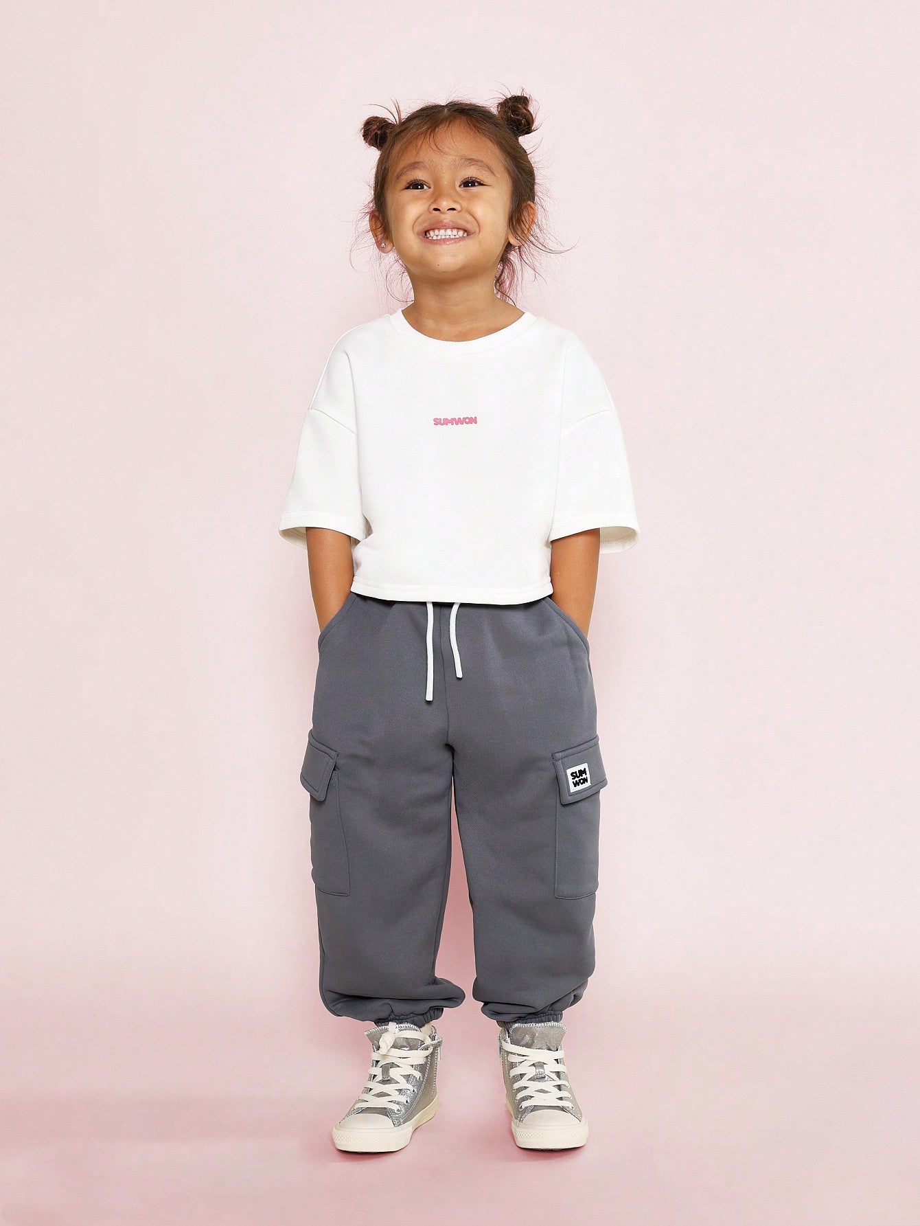 Young Girls Everyday Boxy Fit T-Shirt With Cargo Jogger 2 Piece Set With Graphic Print & Branded Badge