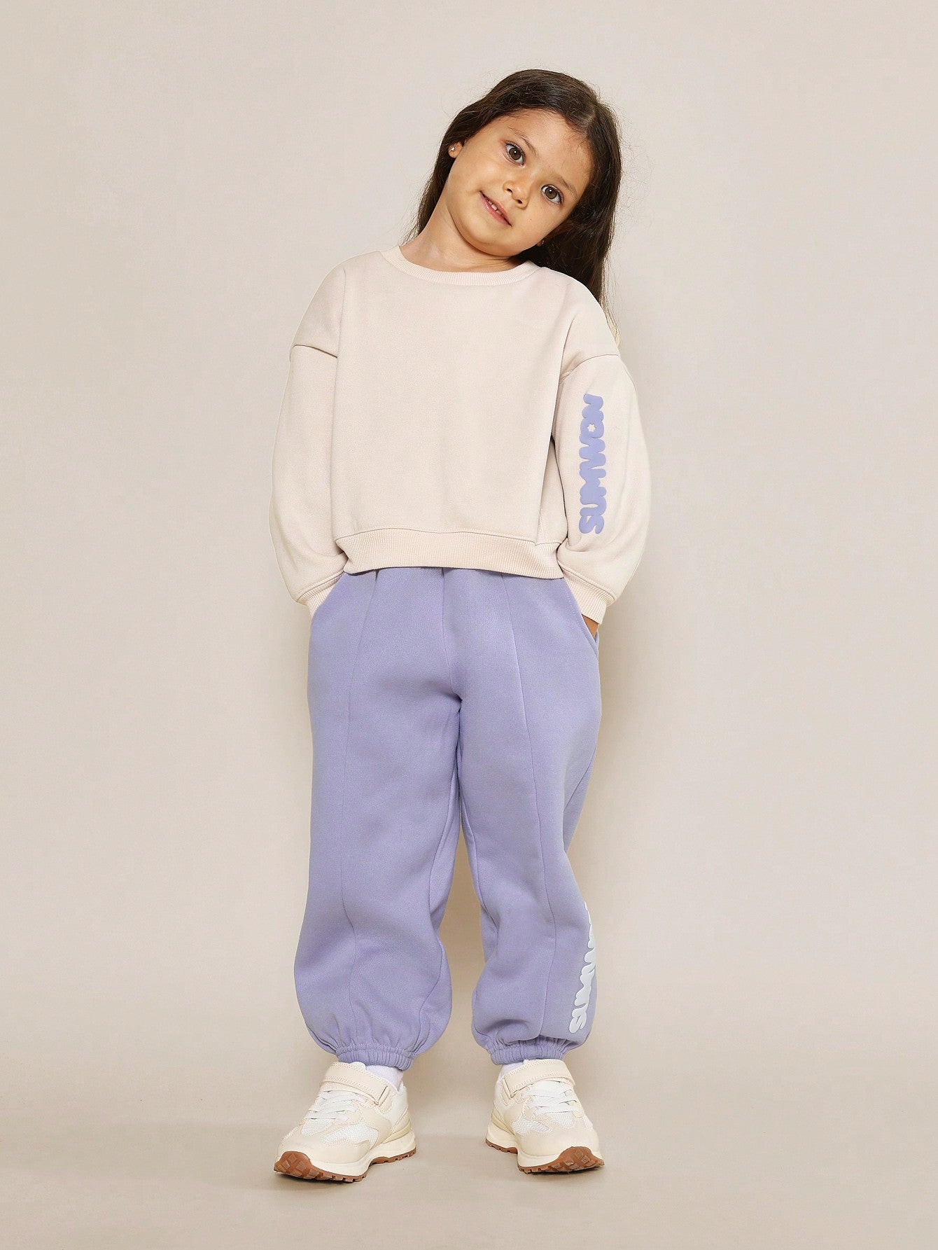 Young Girls Everyday Comfort Crew Neck Sweatshirt And 90's Sweatpants With Puff Graphic Print 2 Piece Set