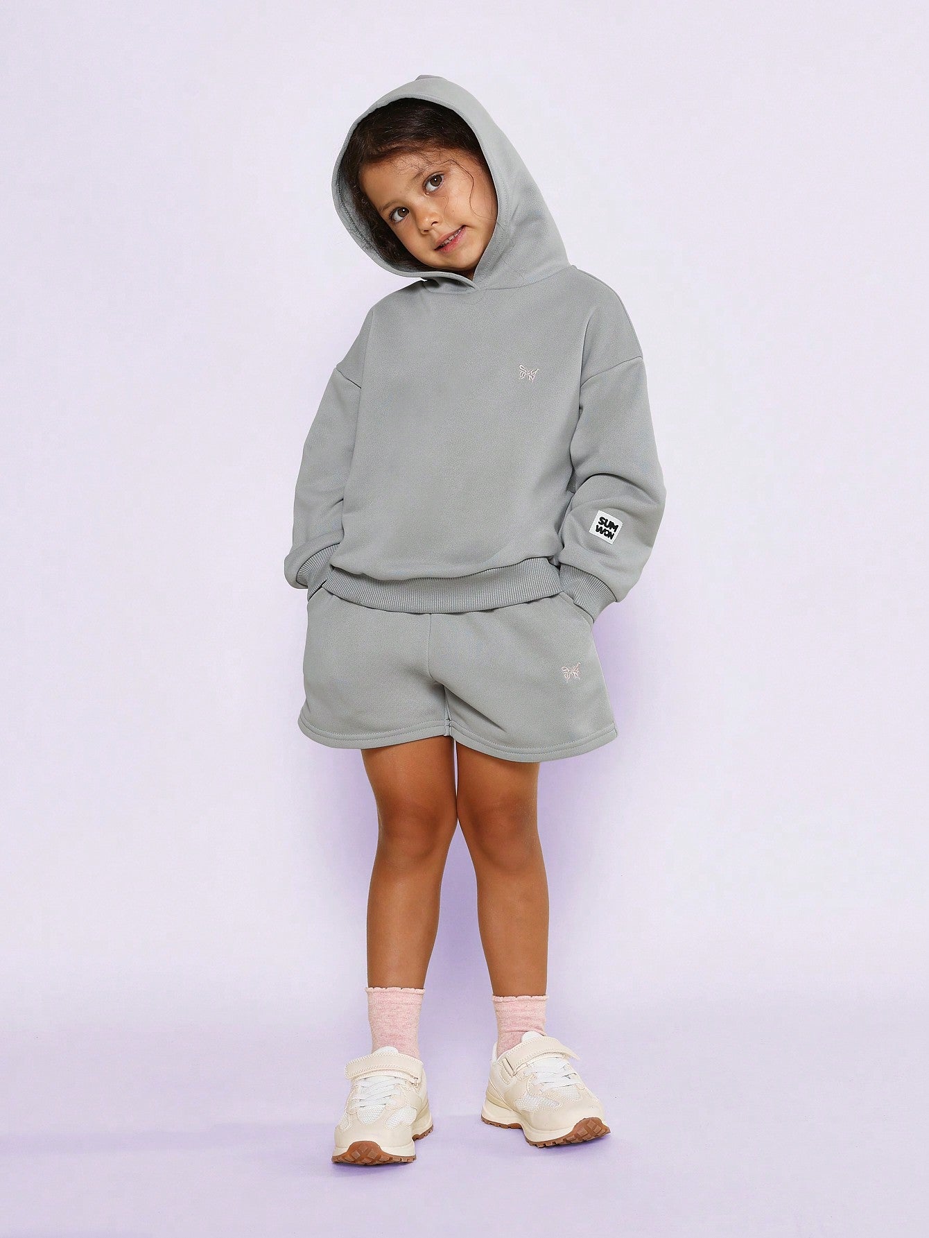 Young Girls Everyday Play Overhead Hoodie And Short 2 Piece Set With Small Butterfly Graphic