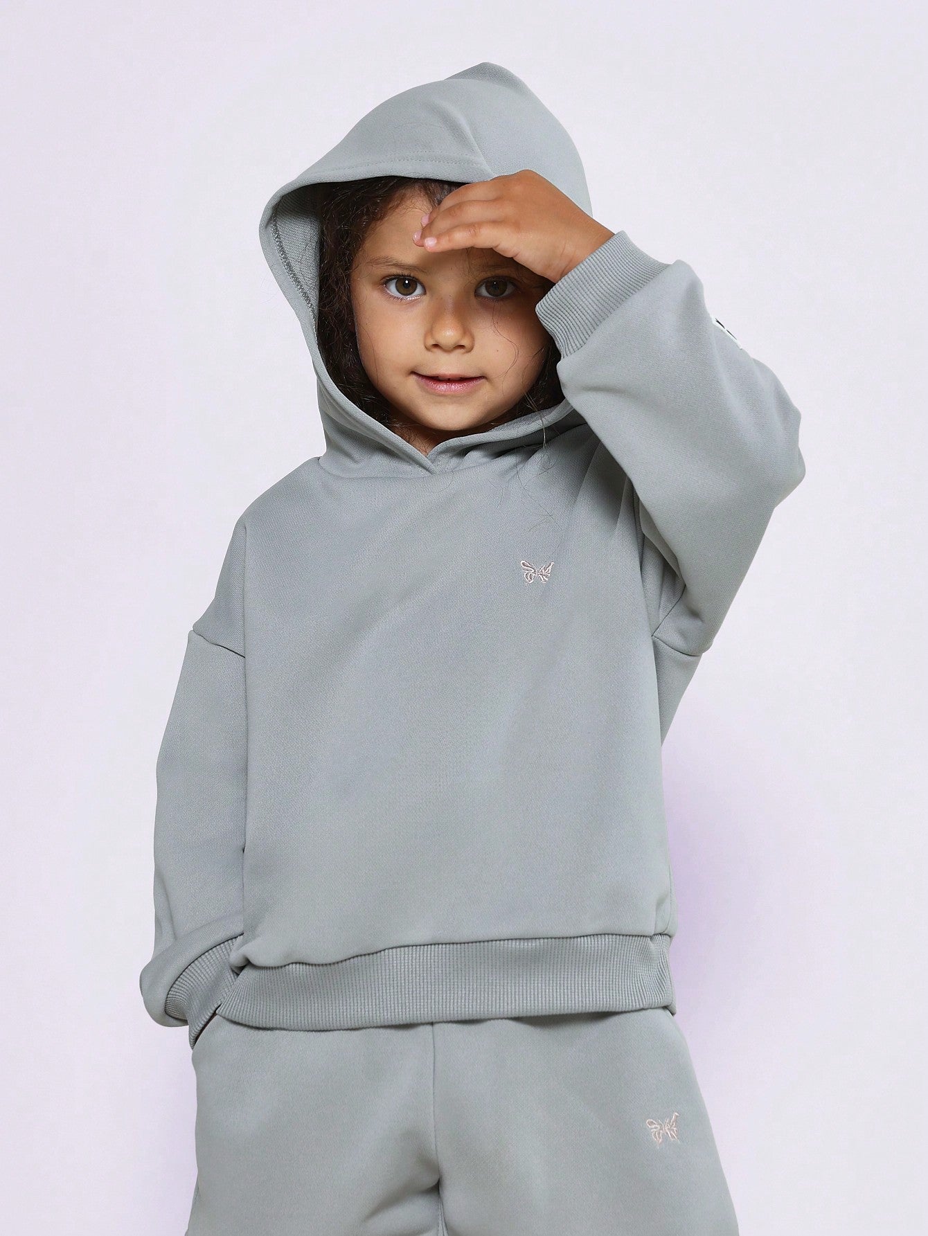 Young Girls Everyday Play Overhead Hoodie And Short 2 Piece Set With Small Butterfly Graphic