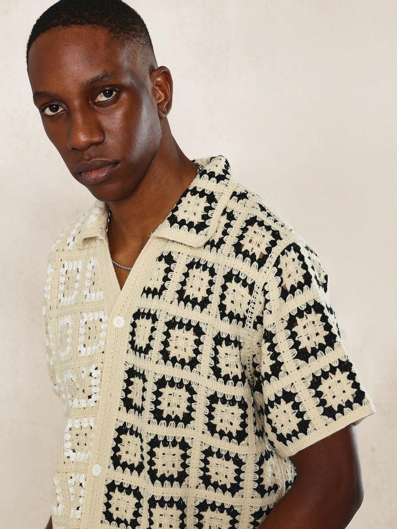 Oversized Fit Button Through Crochet Knit Colour Blocked Shirt