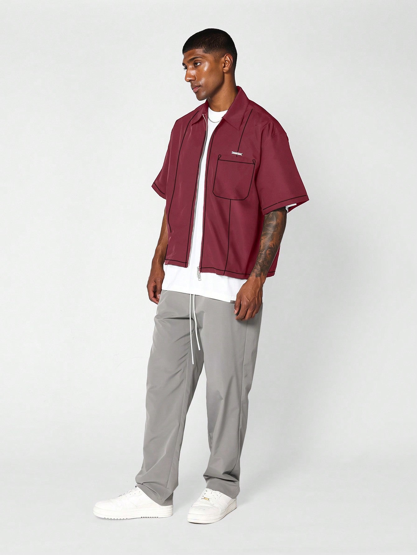 Boxy Fit Zip Through Shirt With Patch Pocket