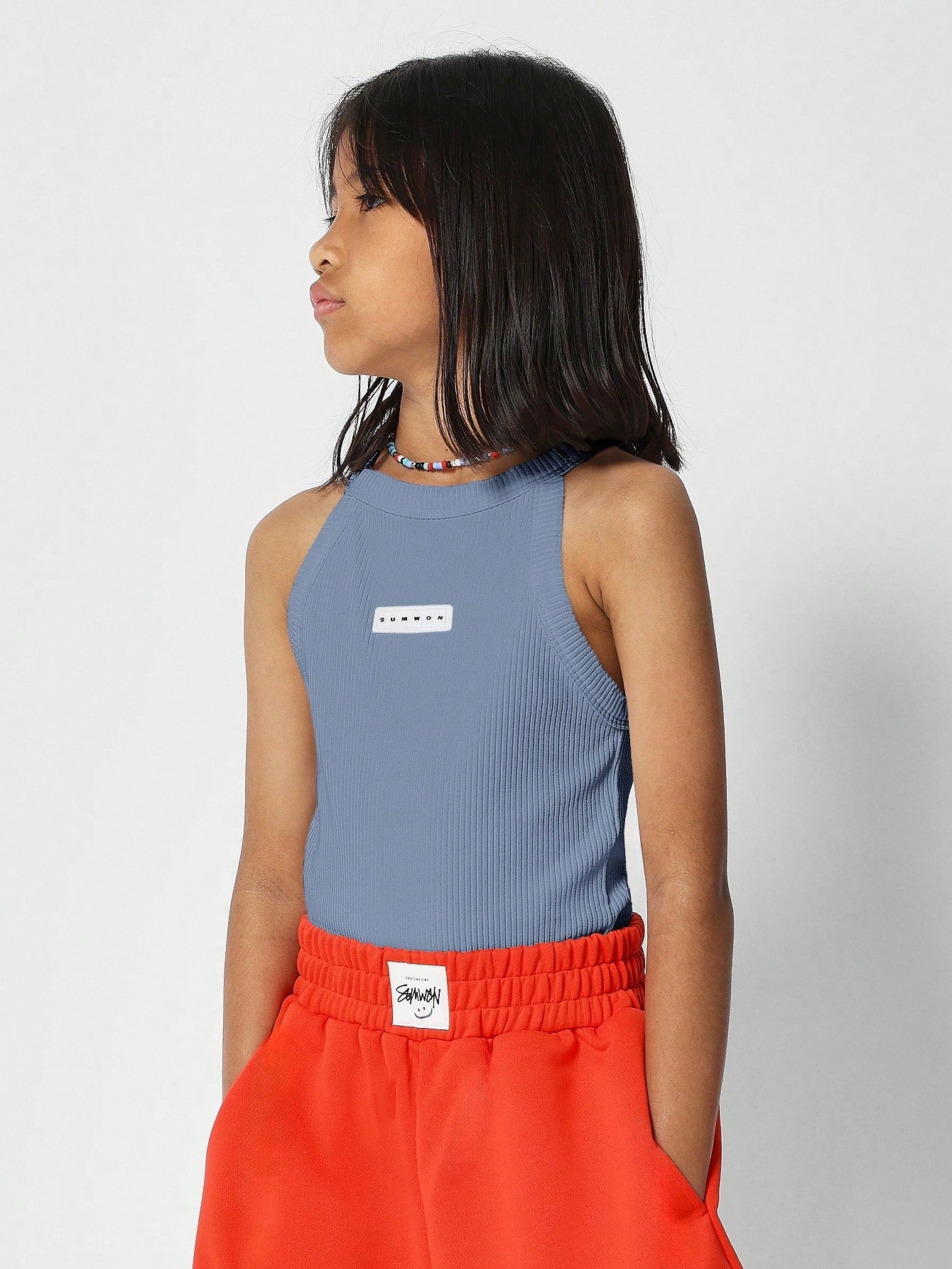 Tween Girl Halter Tank Ribbed Top With Front Badge Detail