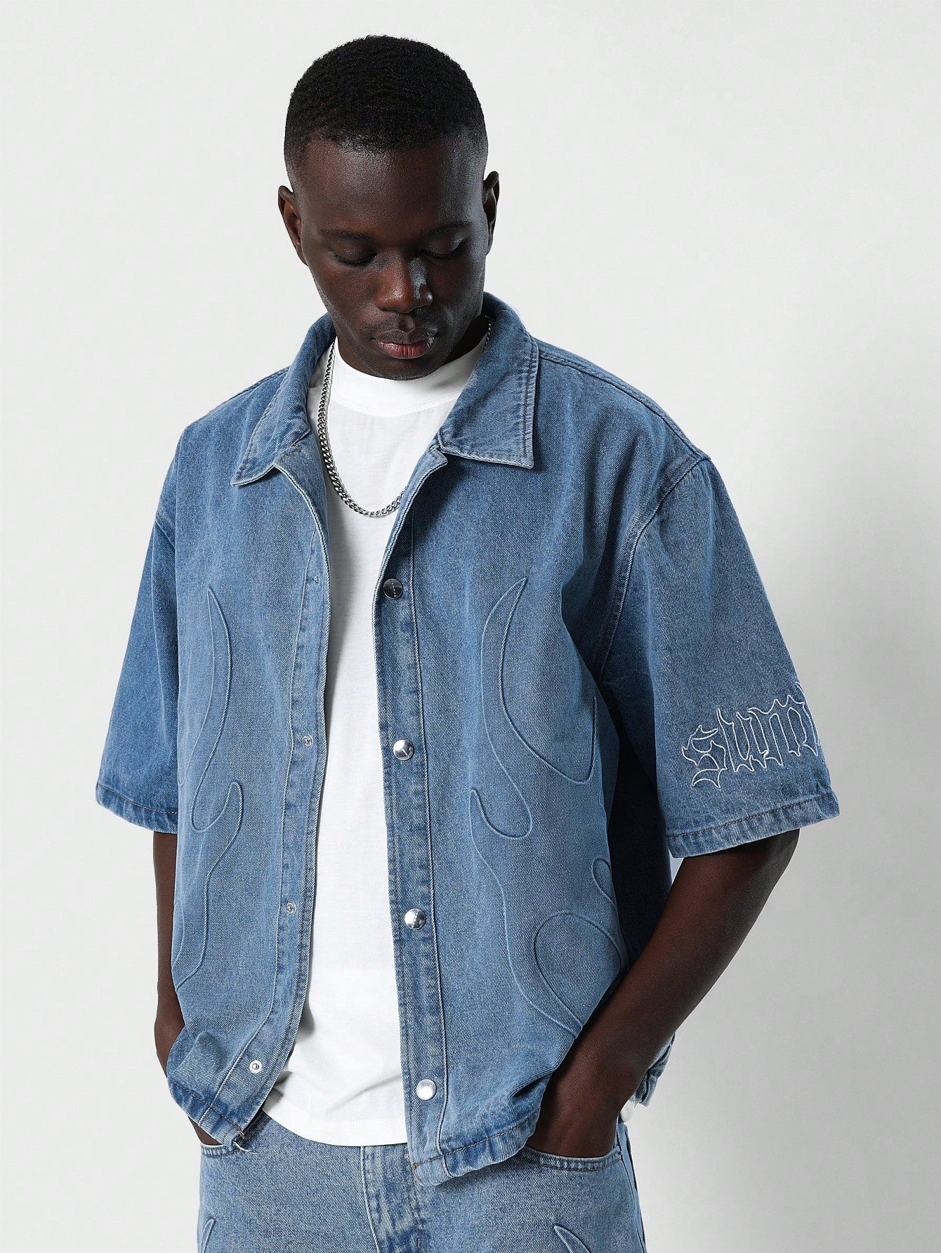 Boxy Fit Denim Shirt With Emboss Design & Sleeve Graphic Print