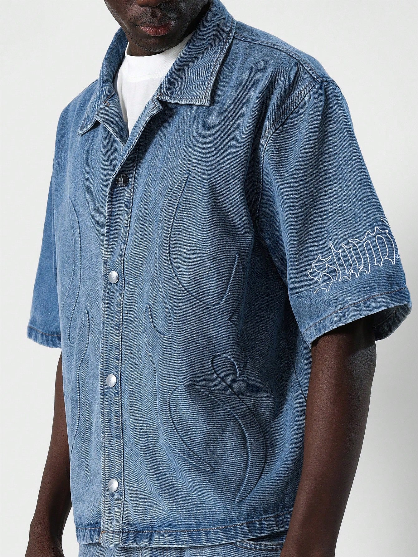 Boxy Fit Denim Shirt With Emboss Design & Sleeve Graphic Print