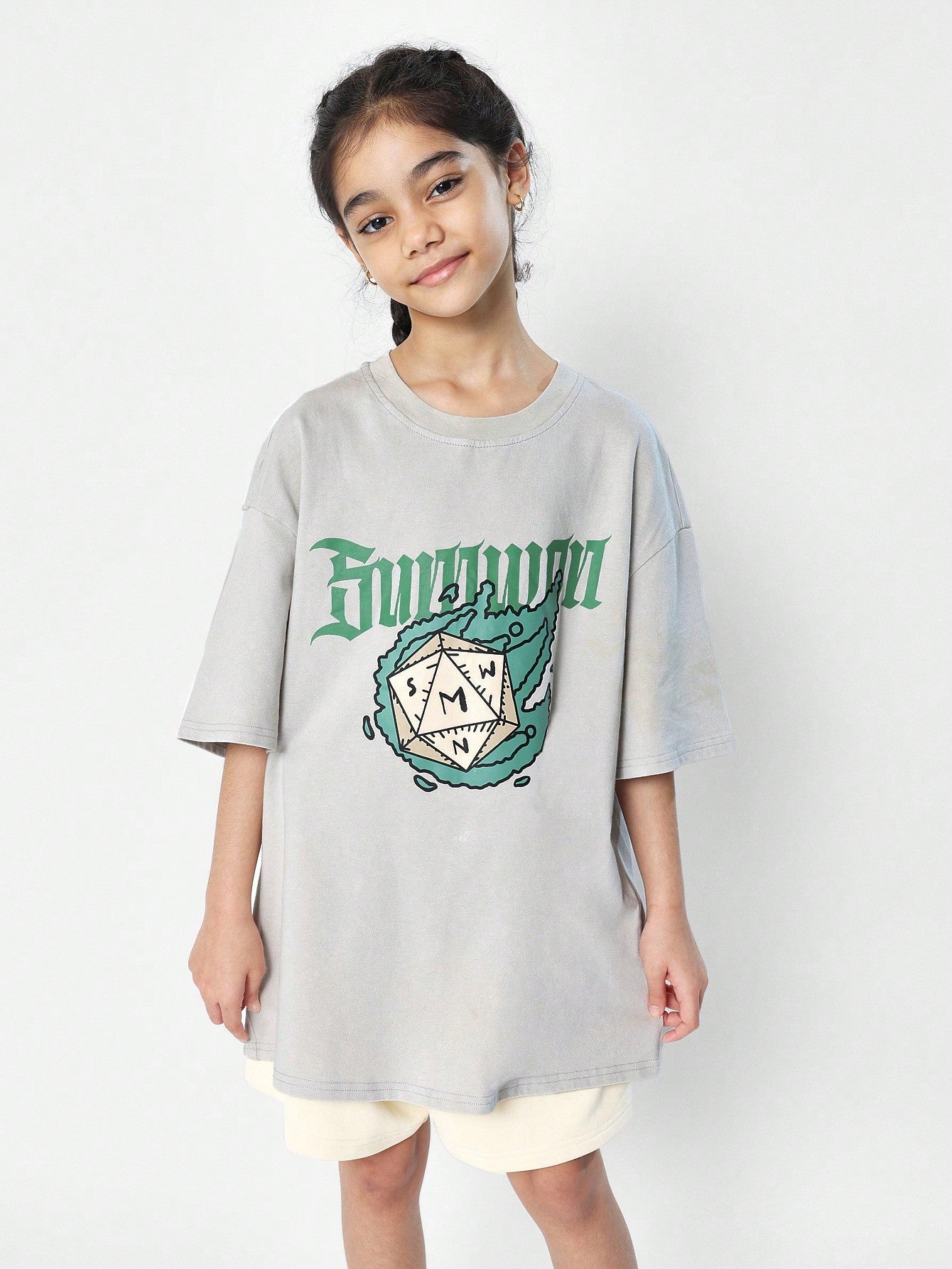 Tween Girls Washed Oversized Fit Drop Shoulder Tee With Graphic Print