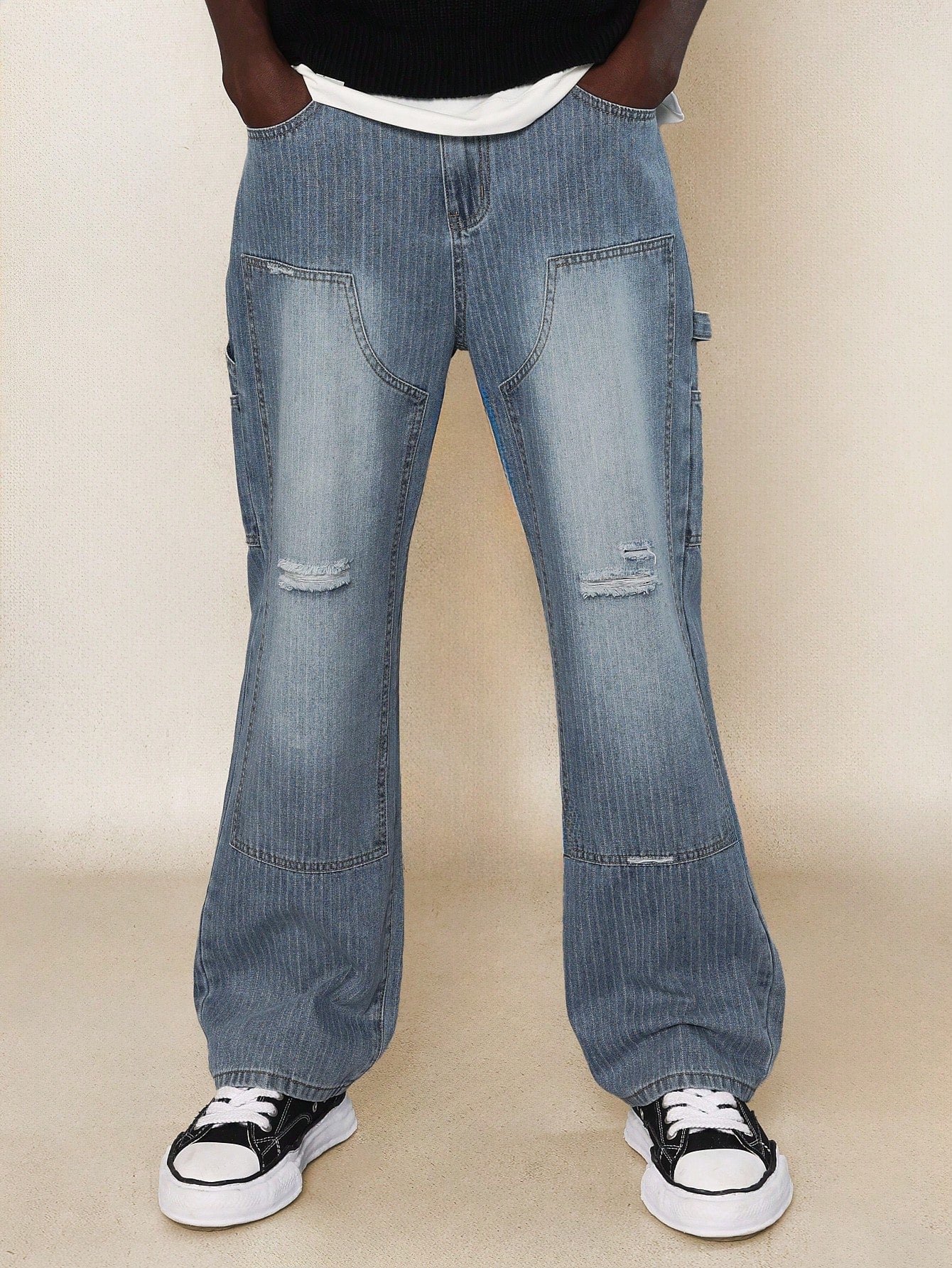 Flare Fit Faded Pinstripe Distressed Carpenter Jean