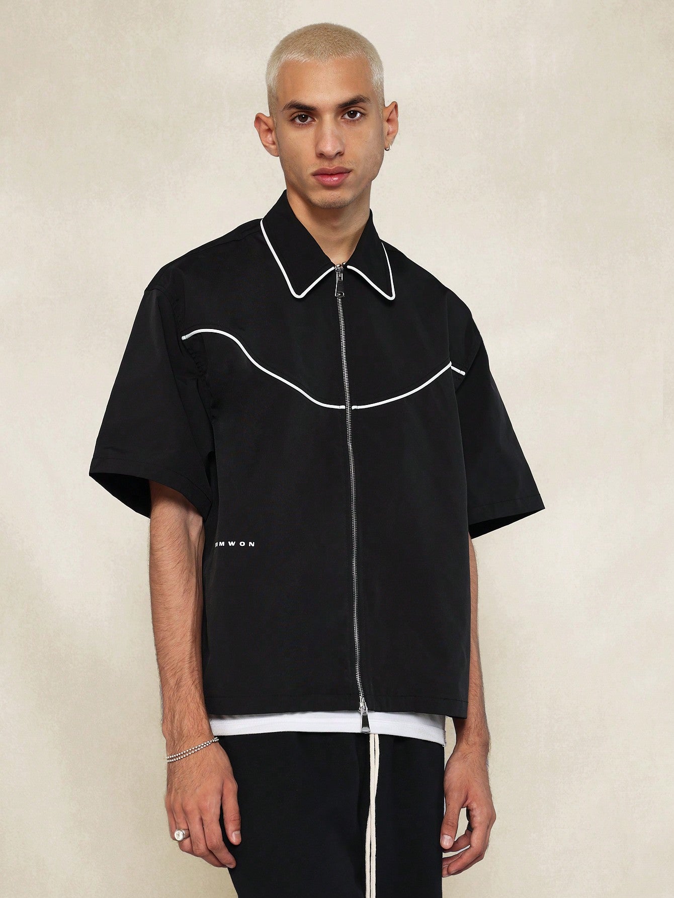 Boxy Fit Zip Through Nylon With Contrast Piping & Small Graphic Print