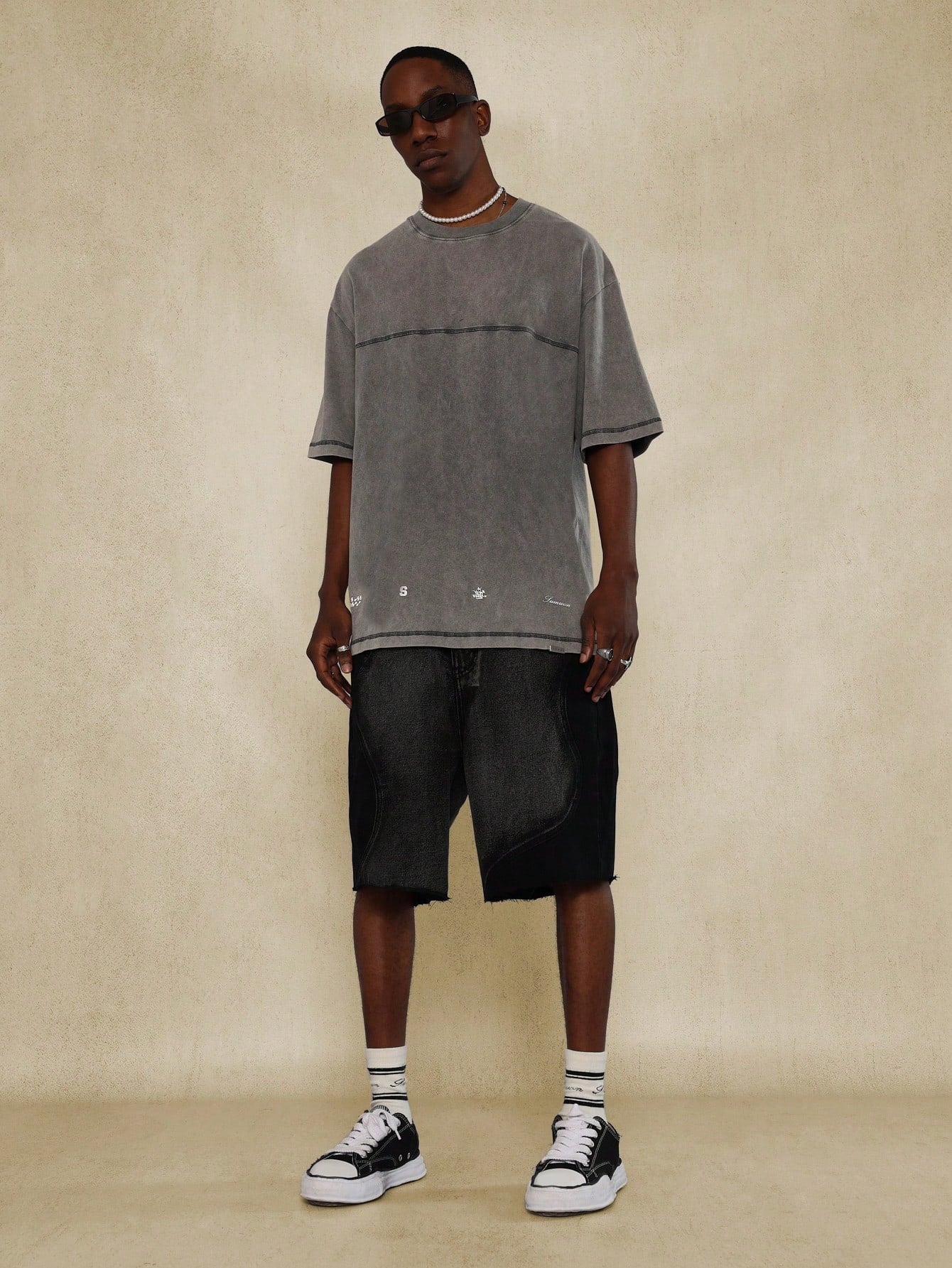 Washed Oversized Fit Tee With Text Graphic Print & Overlock Detail