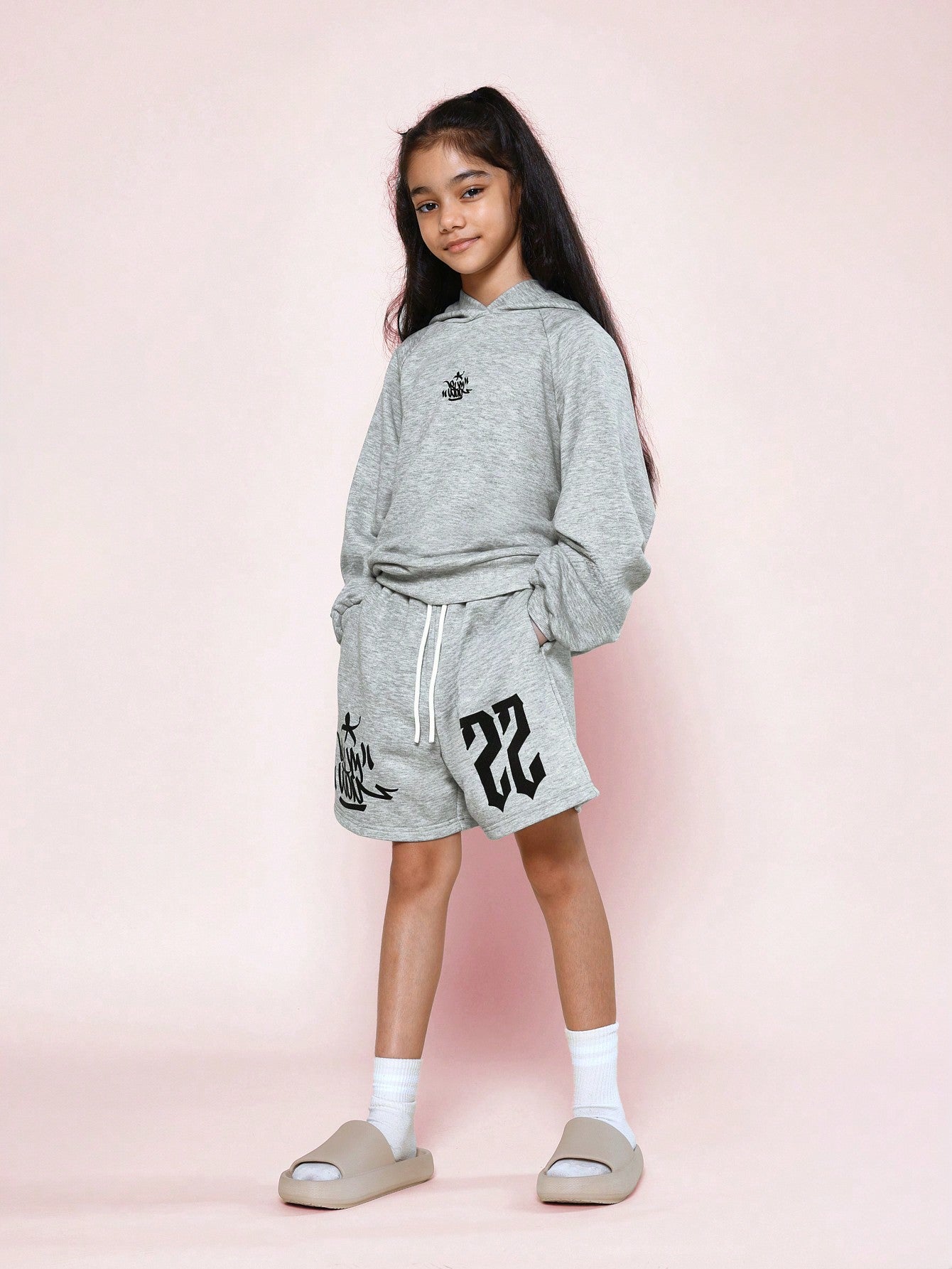 Tween Girls Overhead Hoodie And Short With Letter & Number Graphic Print 2 Piece Set