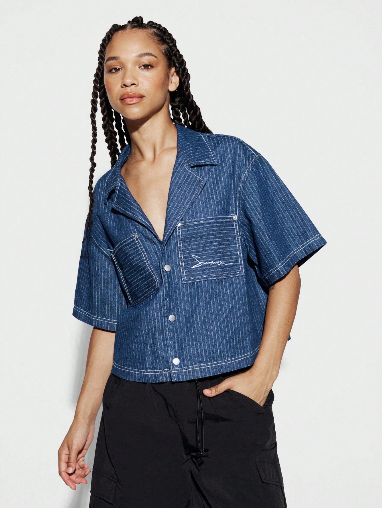 SUMWON WOMEN Boxy Crop Pinstripe Small Embroidery Denim Shirt With Contrast Stitching Detail