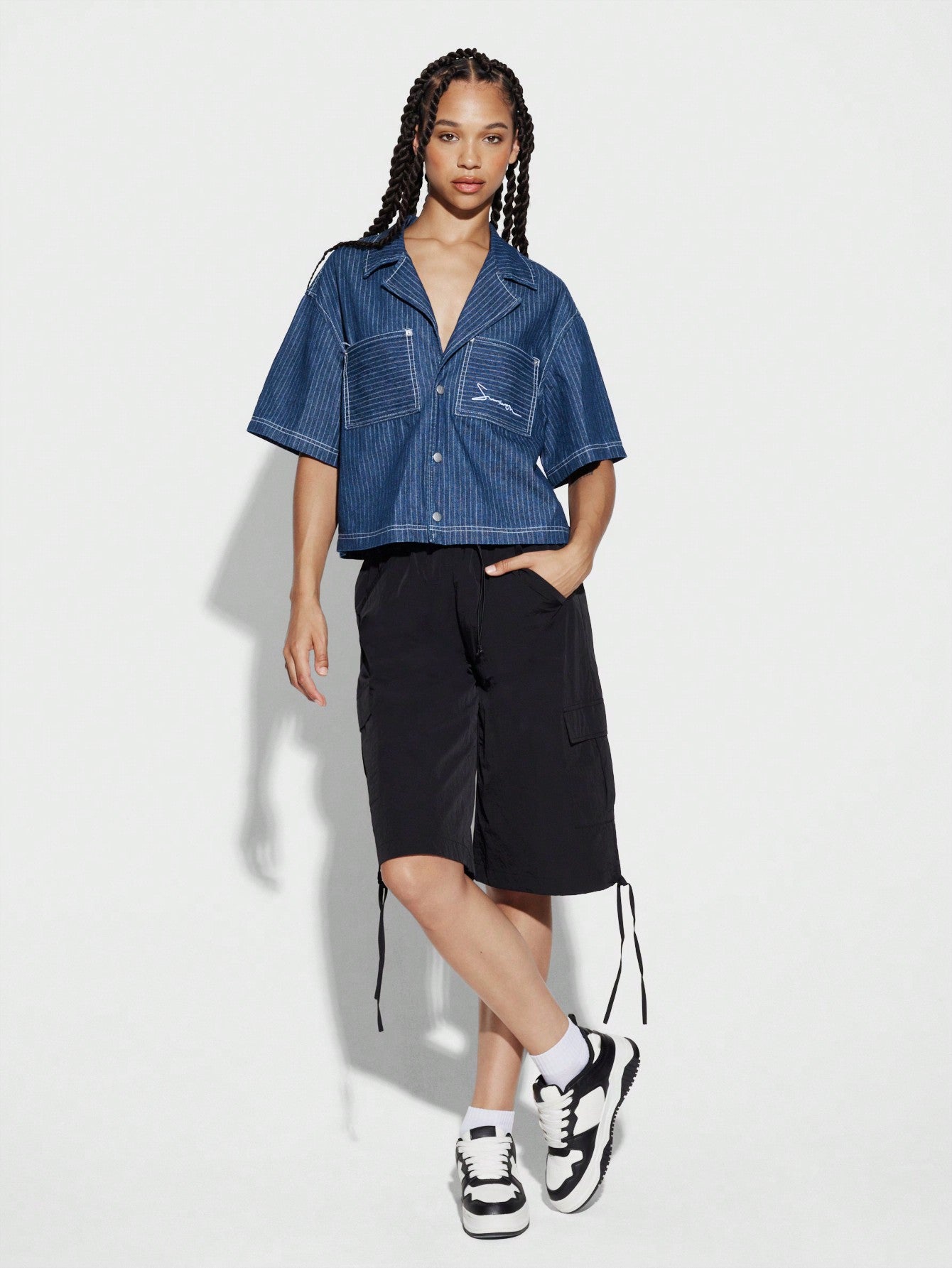 SUMWON WOMEN Boxy Crop Pinstripe Small Embroidery Denim Shirt With Contrast Stitching Detail