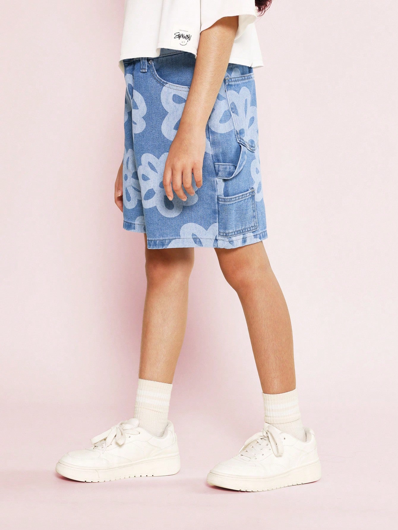 Tween Girls Denim Carpenter Short With Floral Print