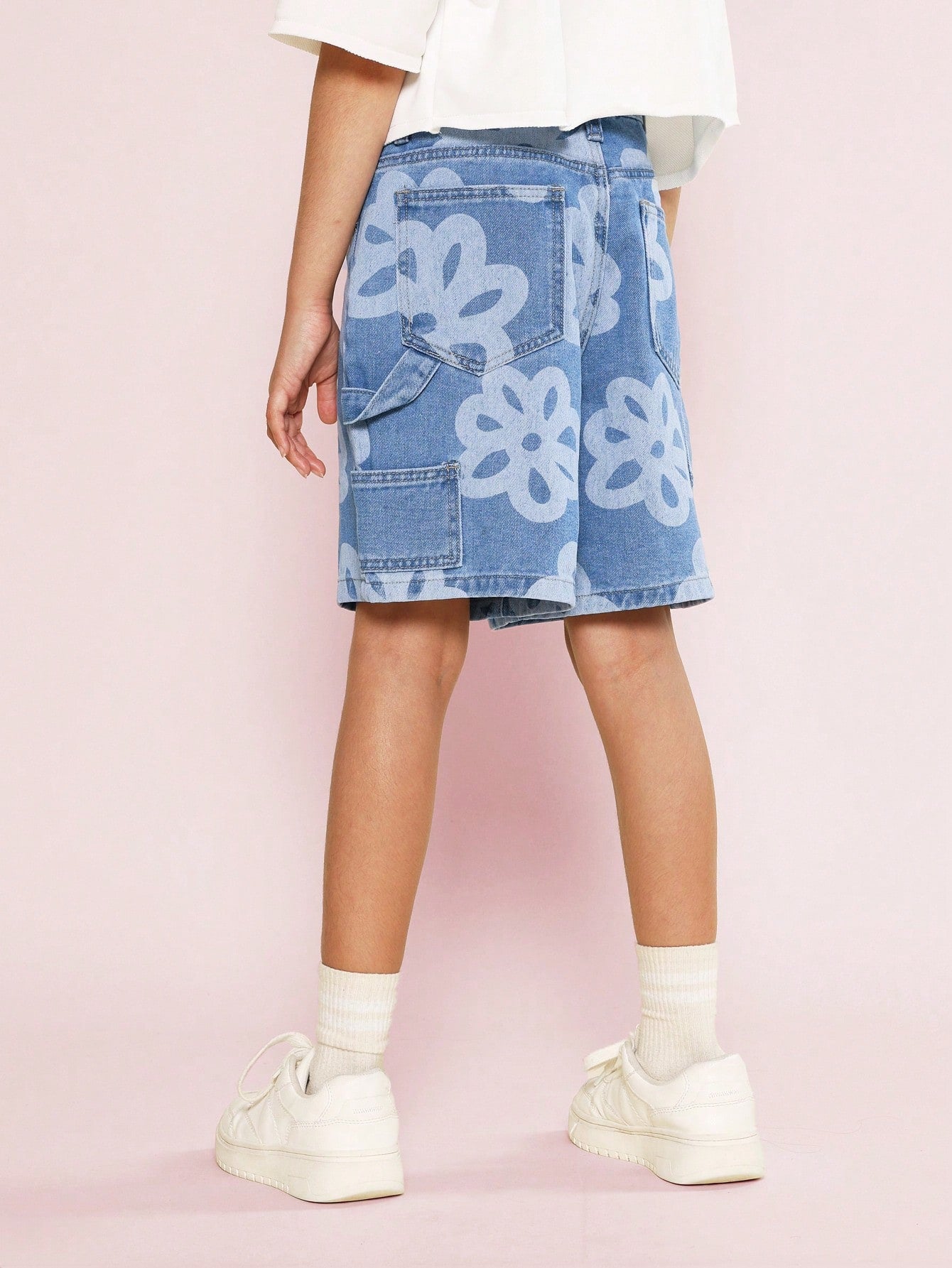 Tween Girls Denim Carpenter Short With Floral Print