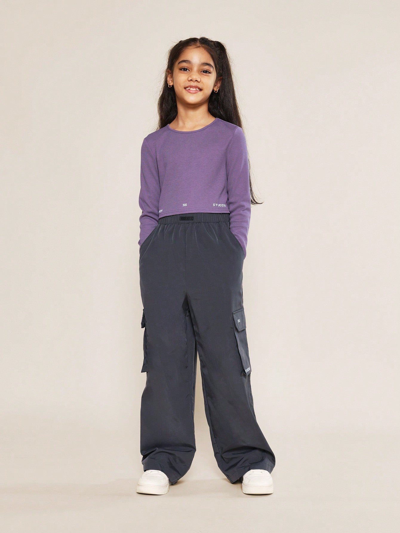 Tween Girls Crop Fit Long Sleeve Rib Tee And Wide Leg Nylon Cargo Pant With Small Letter Graphic Print 2 Piece Set