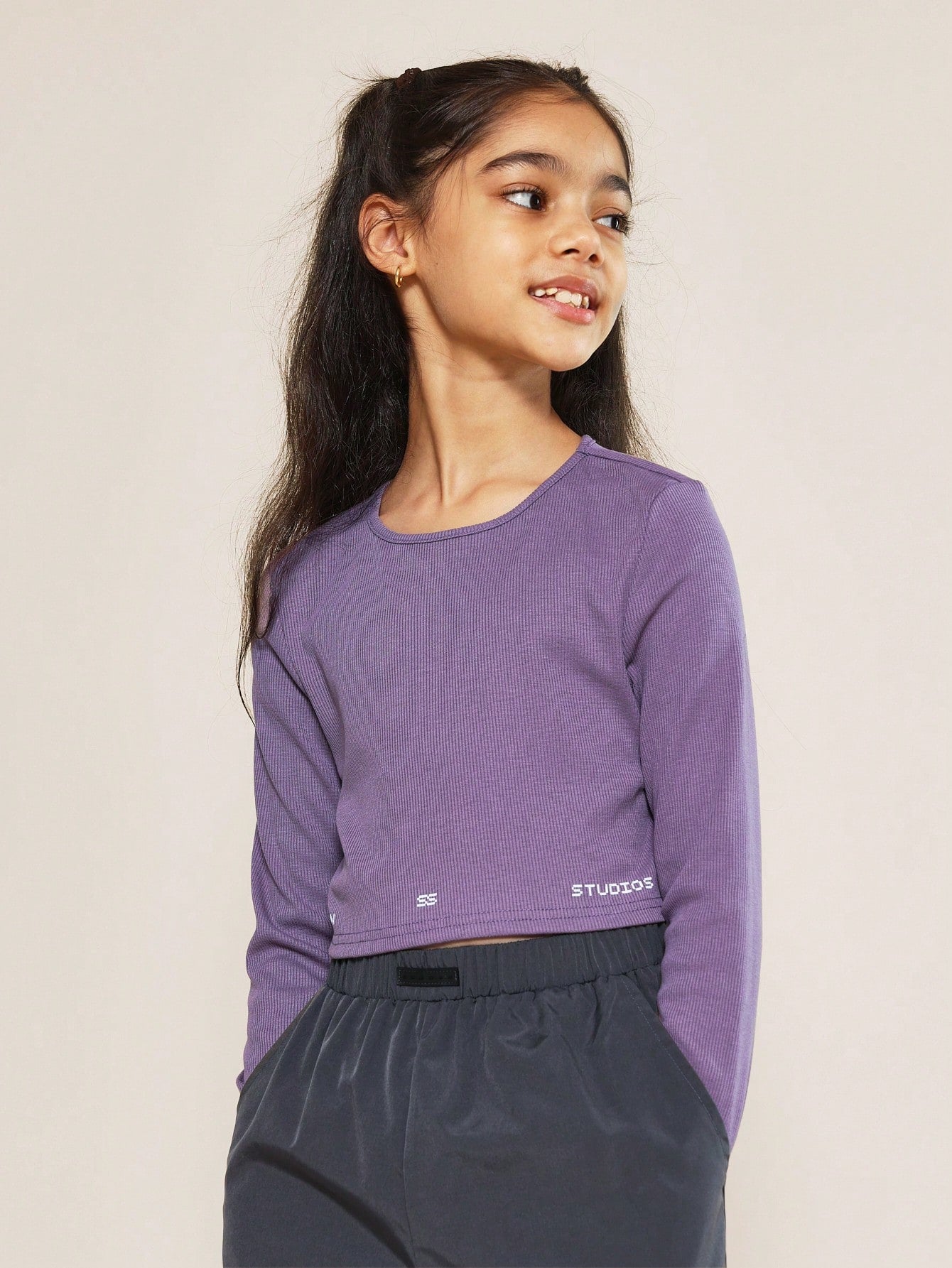 Tween Girls Crop Fit Long Sleeve Rib Tee And Wide Leg Nylon Cargo Pant With Small Letter Graphic Print 2 Piece Set