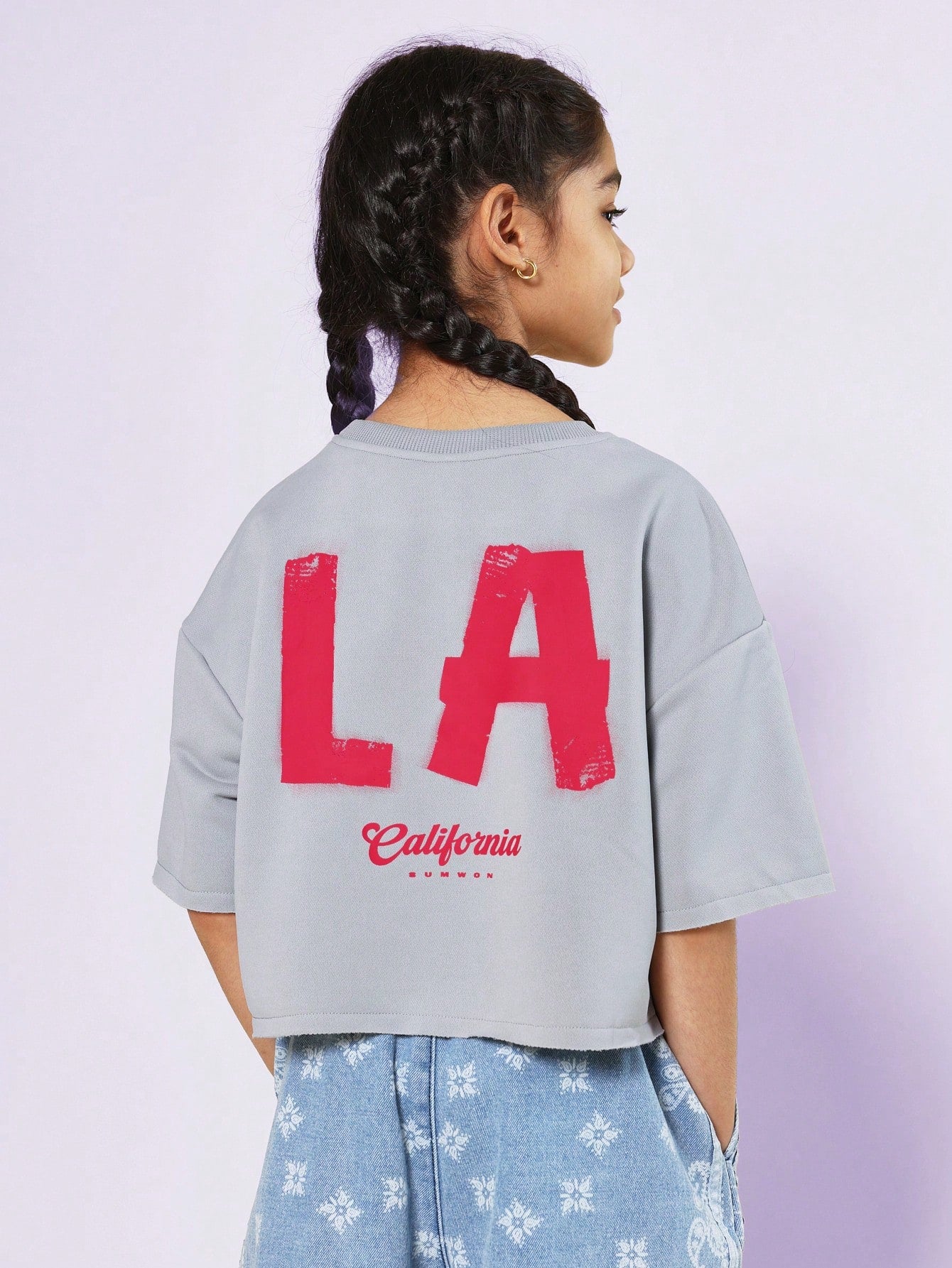 Tween Girls Crop Fit Tee With LA California Graphic Print And Raw Edge Hem/Sleeve