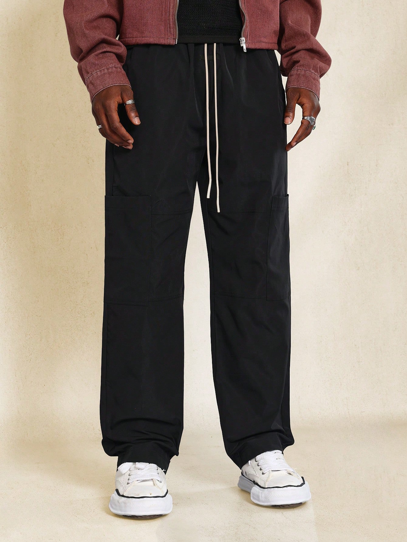 Straight Fit Nylon Cargo Pant With Contrast Drawstring Detail