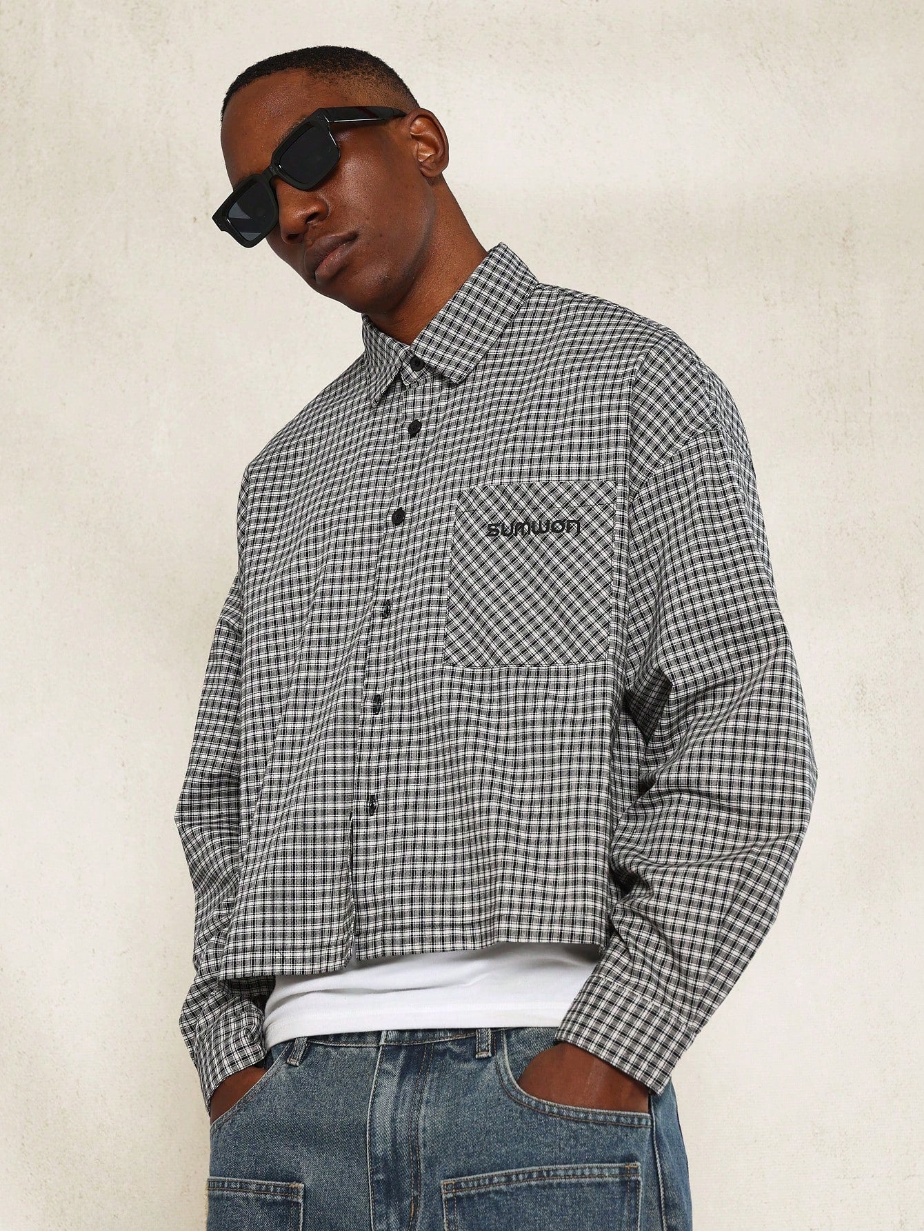 Crop Fit Long Sleeve Checkboard Shirt With Embroidery