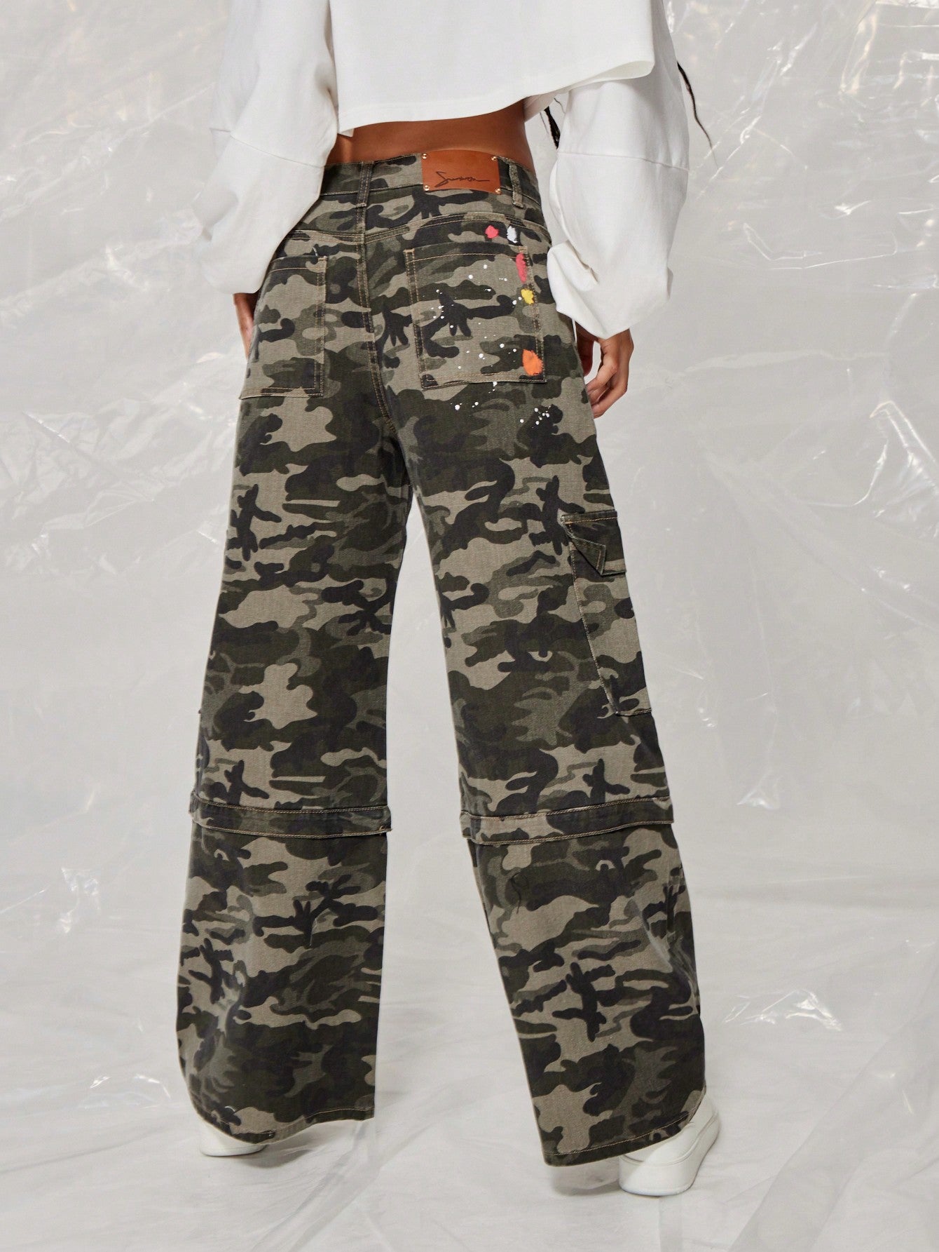 SUMWON WOMEN Wide Leg Cargo Utility Camo Pant With Detachable Leg Zip & Splatter Paint