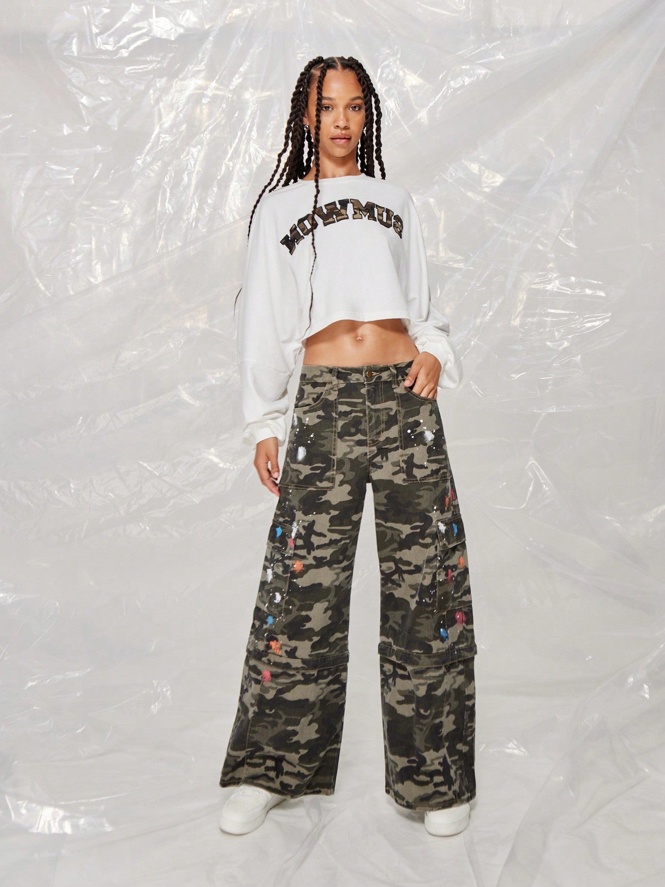 SUMWON WOMEN Wide Leg Cargo Utility Camo Pant With Detachable Leg Zip & Splatter Paint