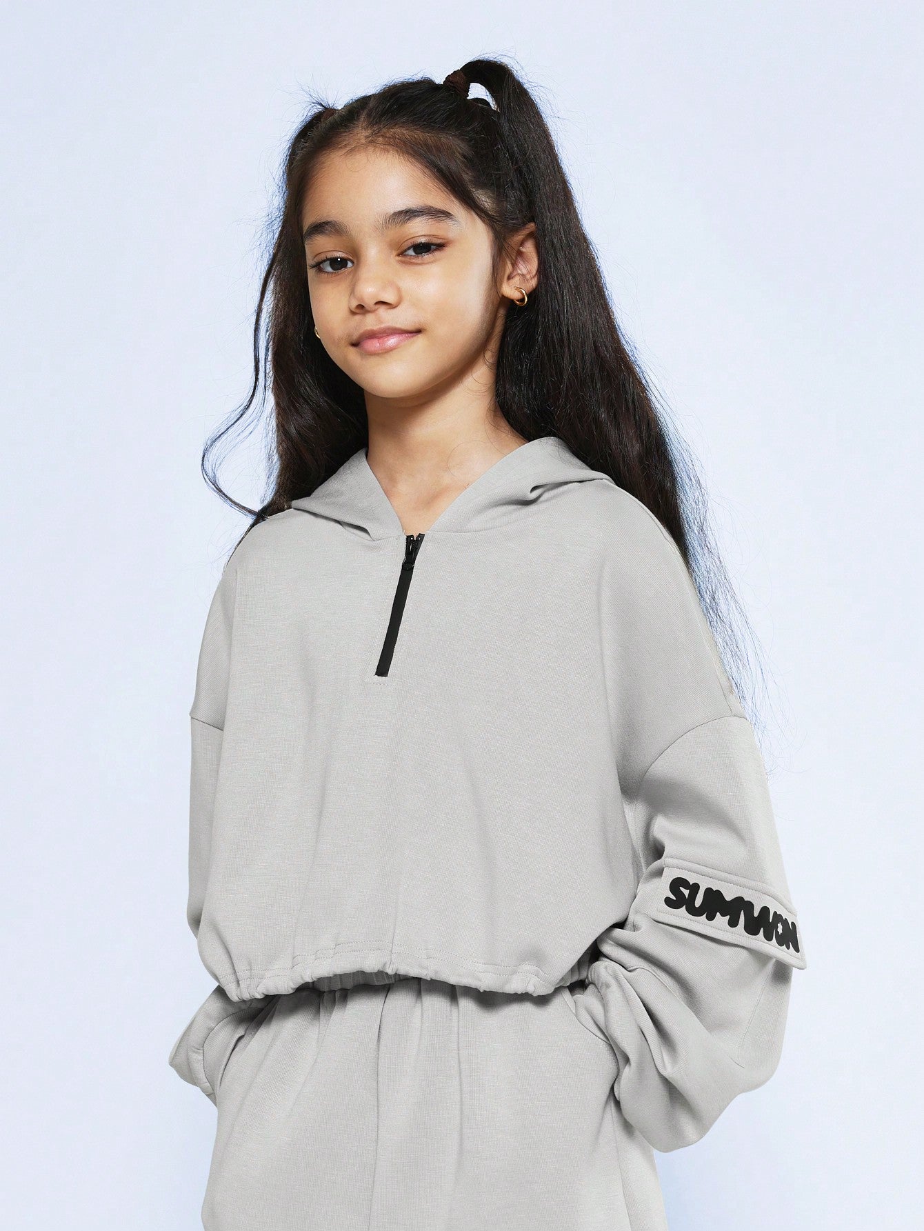 Tween Girls Overhead Crop Half Zip Hoodie With Cargo Pocket And Cargo Jort With Small Graphic Print Detail 2 Piece Set