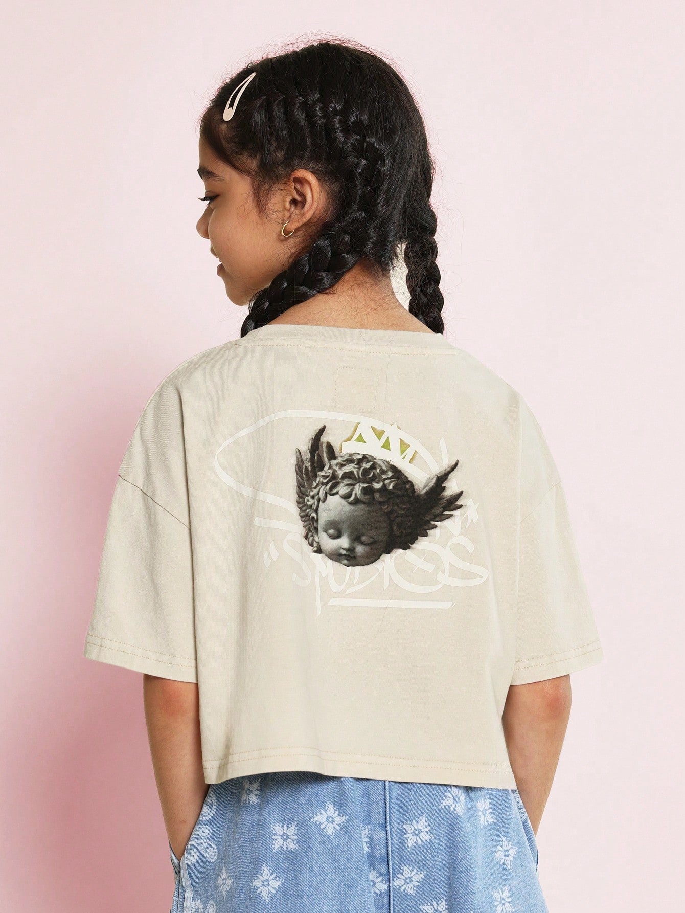 Tween Girls Washed Crop Fit Drop Shoulder Tee With Graffiti & Angel Graphic Print