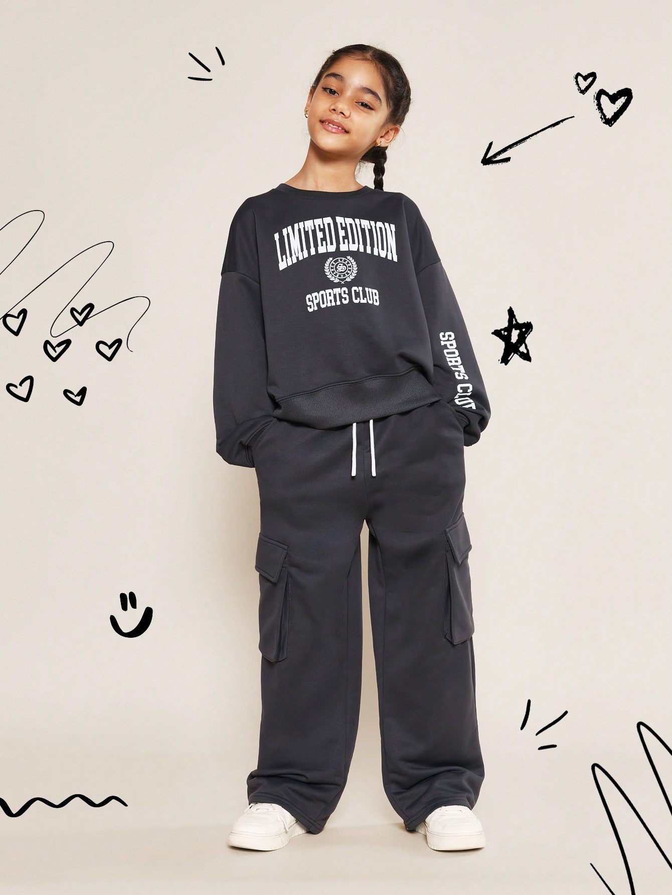 Tween Girls Crew Neck Drop Shoulder Sweatshirt With Limited Edition Graphic Print And Straight Fit Cargo Pant 2 Piece Set