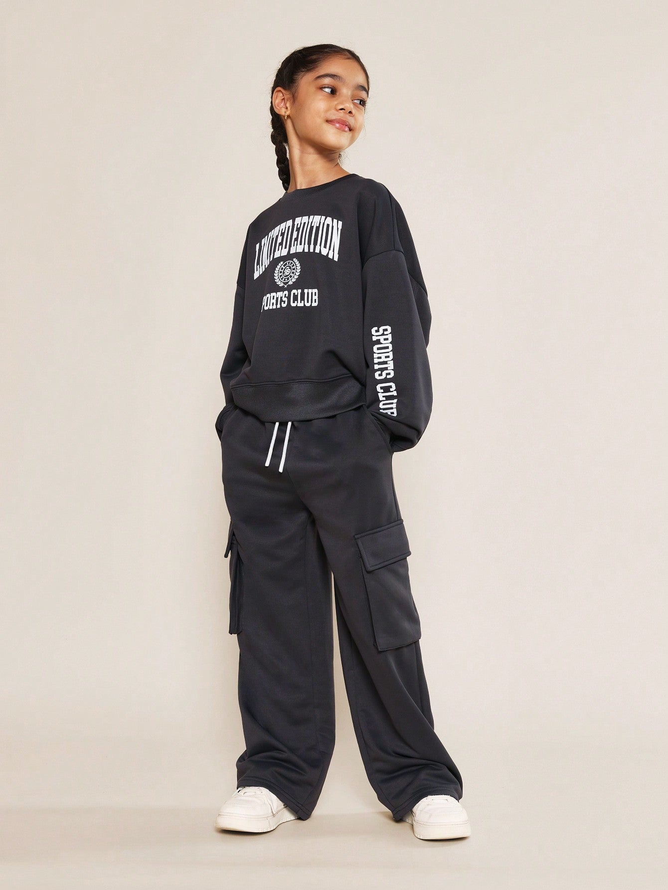 Tween Girls Crew Neck Drop Shoulder Sweatshirt With Limited Edition Graphic Print And Straight Fit Cargo Pant 2 Piece Set