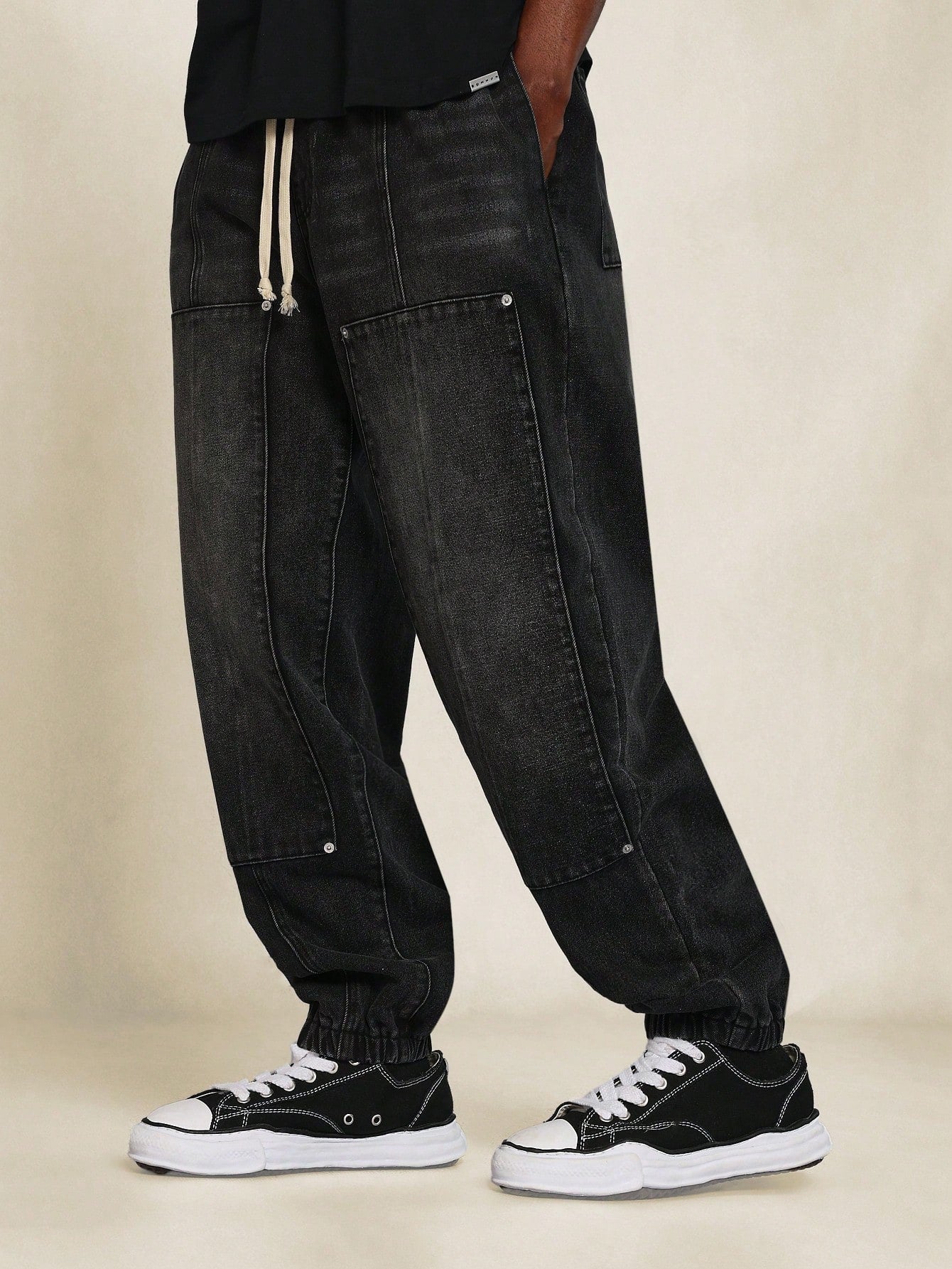 Denim Jogger With Panel Detail & Drawstring