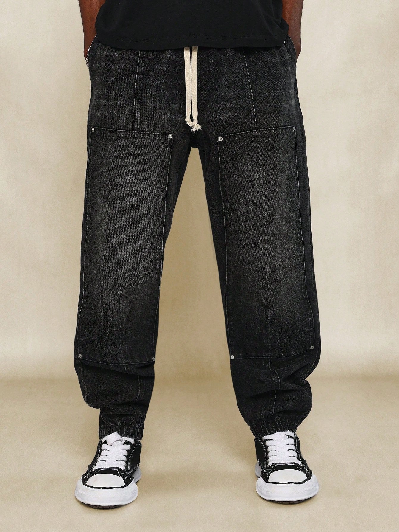 Denim Jogger With Panel Detail & Drawstring