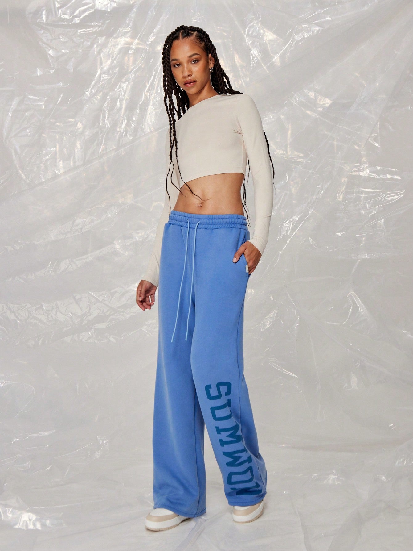 SUMWON WOMEN Wide Leg Washed Sweatpants With Side Leg Graphic Print