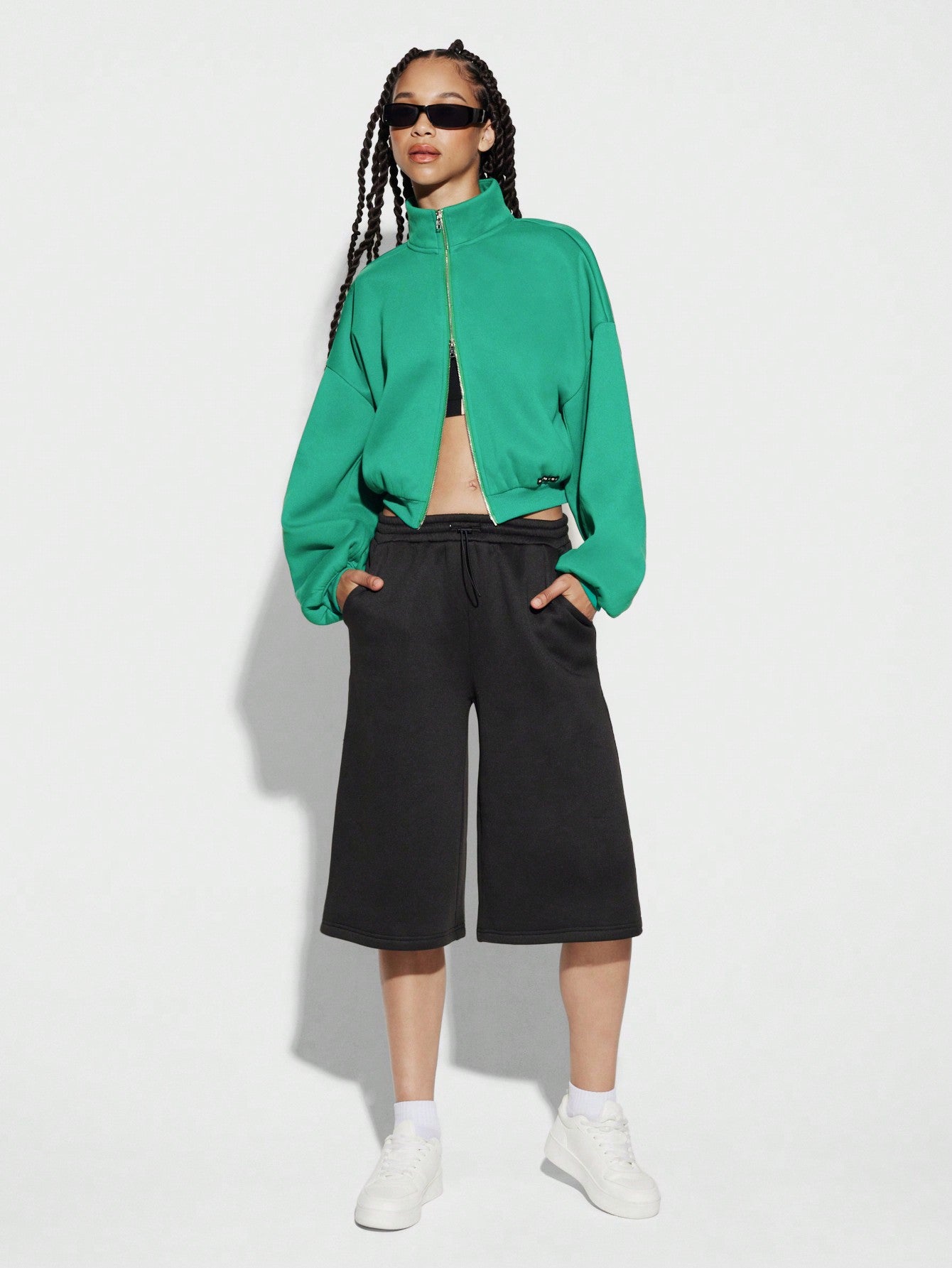 SUMWON WOMEN Cropped Zip Through Drop Shoulder Sweatshirt