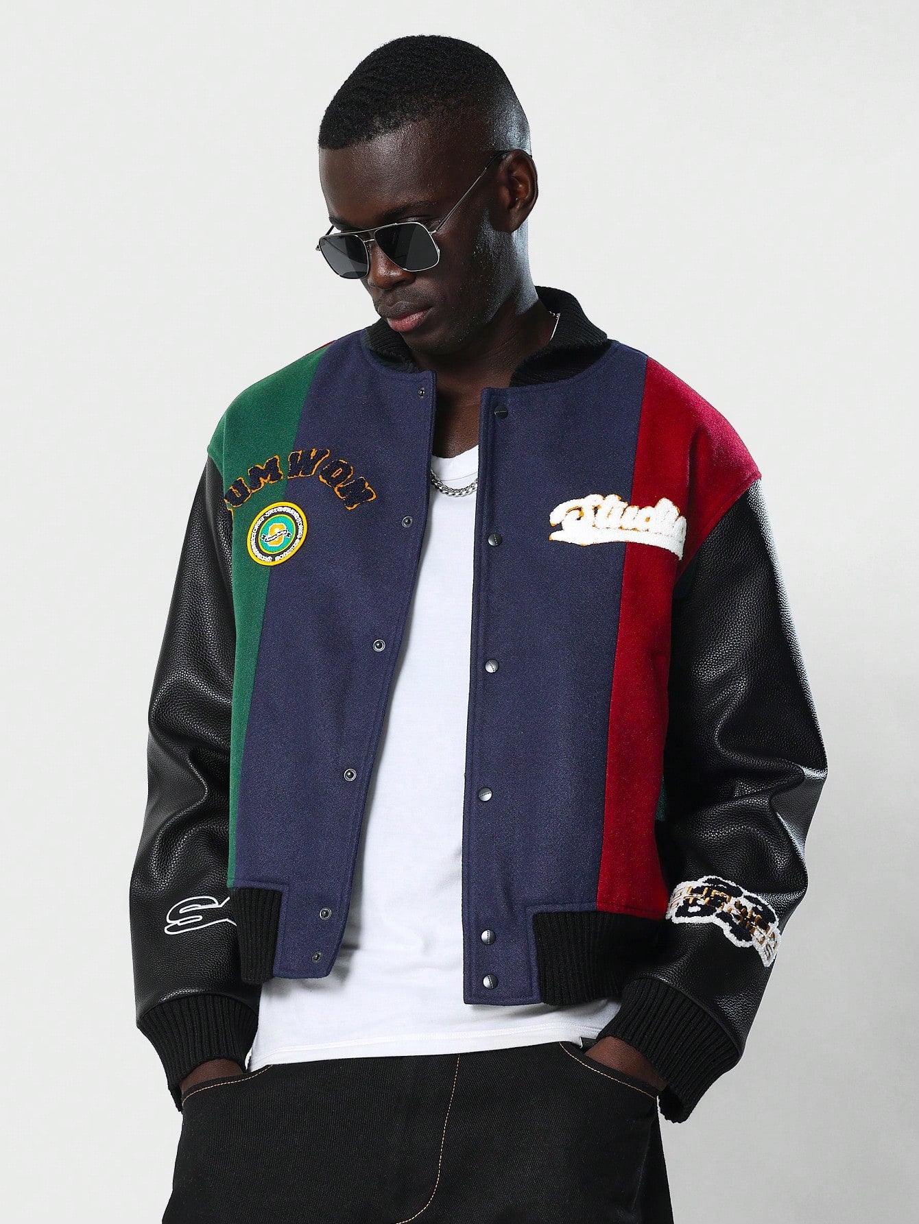 PU Sleeve Multi-Colour Varsity Jackets With Embroidered Patch & Label