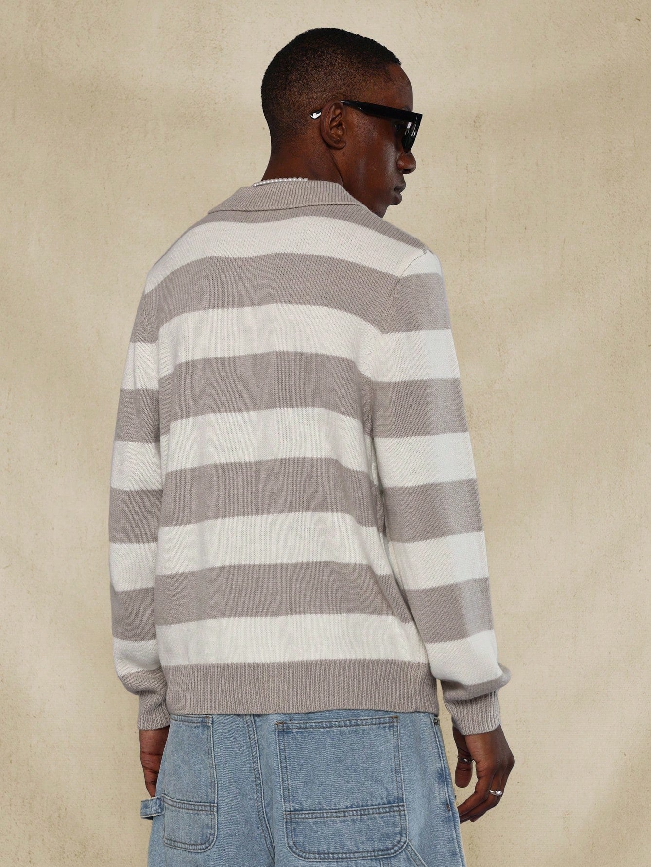 Long Sleeve Stripe Knit Polo Shirt With Embroidery Print