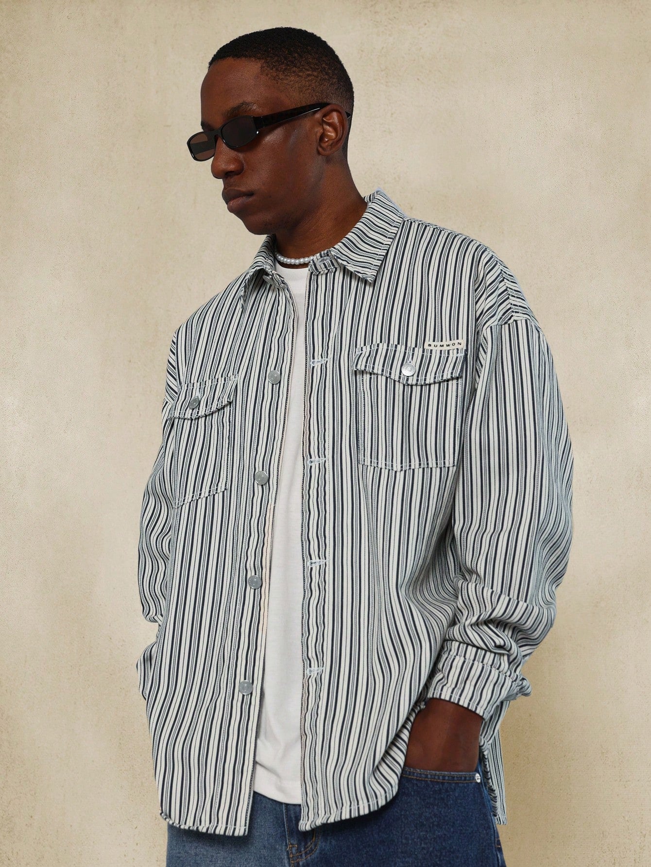 Oversized Fit Pinstripe Curve Hem Shirt