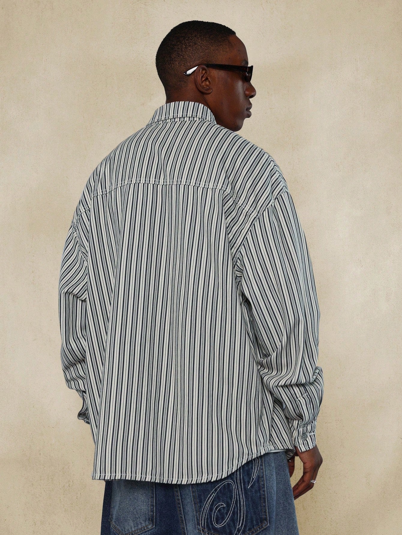 Oversized Fit Pinstripe Curve Hem Shirt