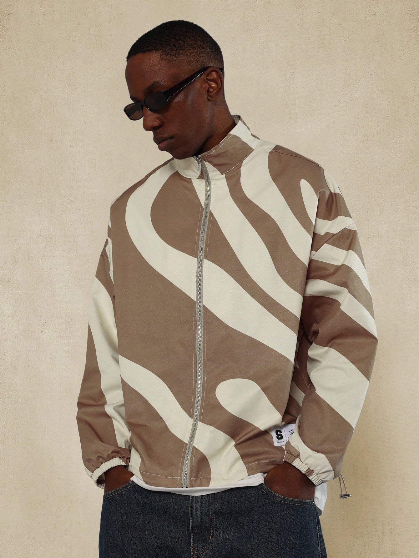 Nylon Funnel Neck Zip-Up Track Jackets With Swirl All Over Print