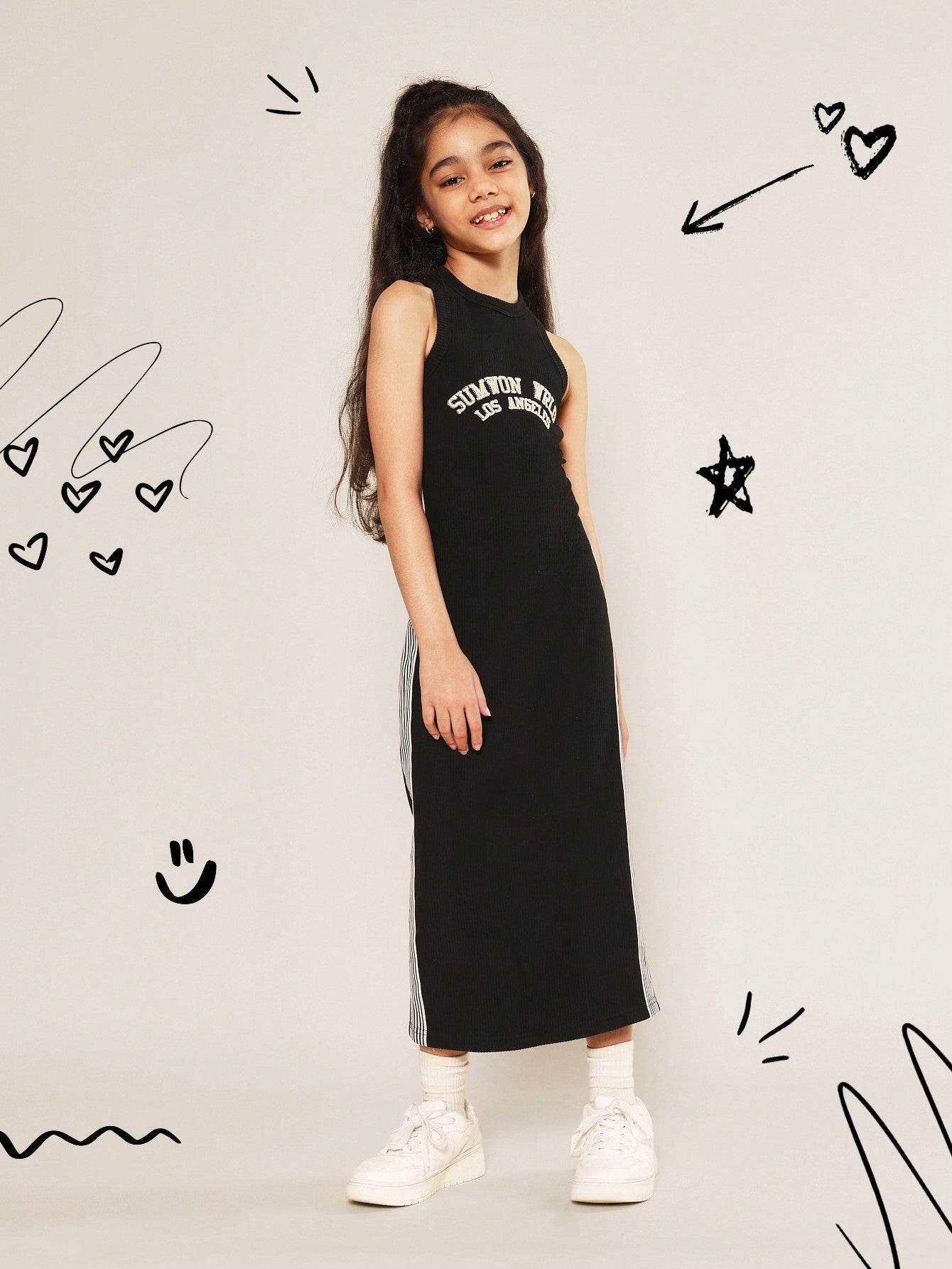 Tween Girls Maxi Tank Column Dress With Side Stripe & Front Graphic Print