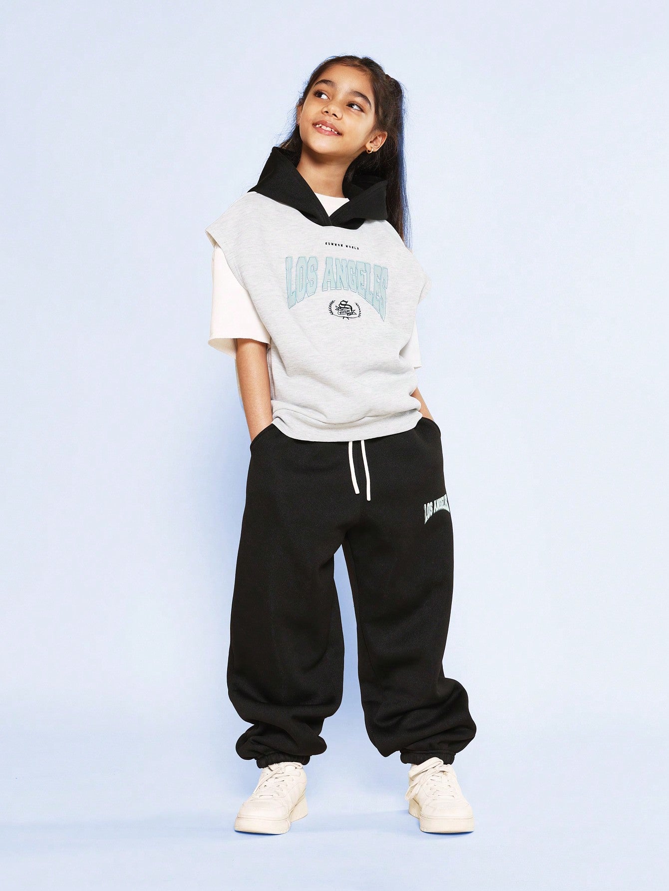 Tween Girls Overhead Sleeveless Hoodie And Pant With Los Angeles Graphic Print 2 Piece Set