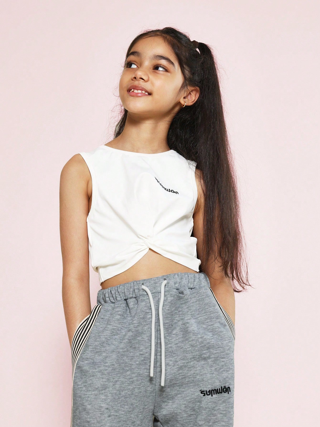 Tween Girls Crop Tank Top And Track Pant With Side Stripe Tape Detail 2 Piece Set