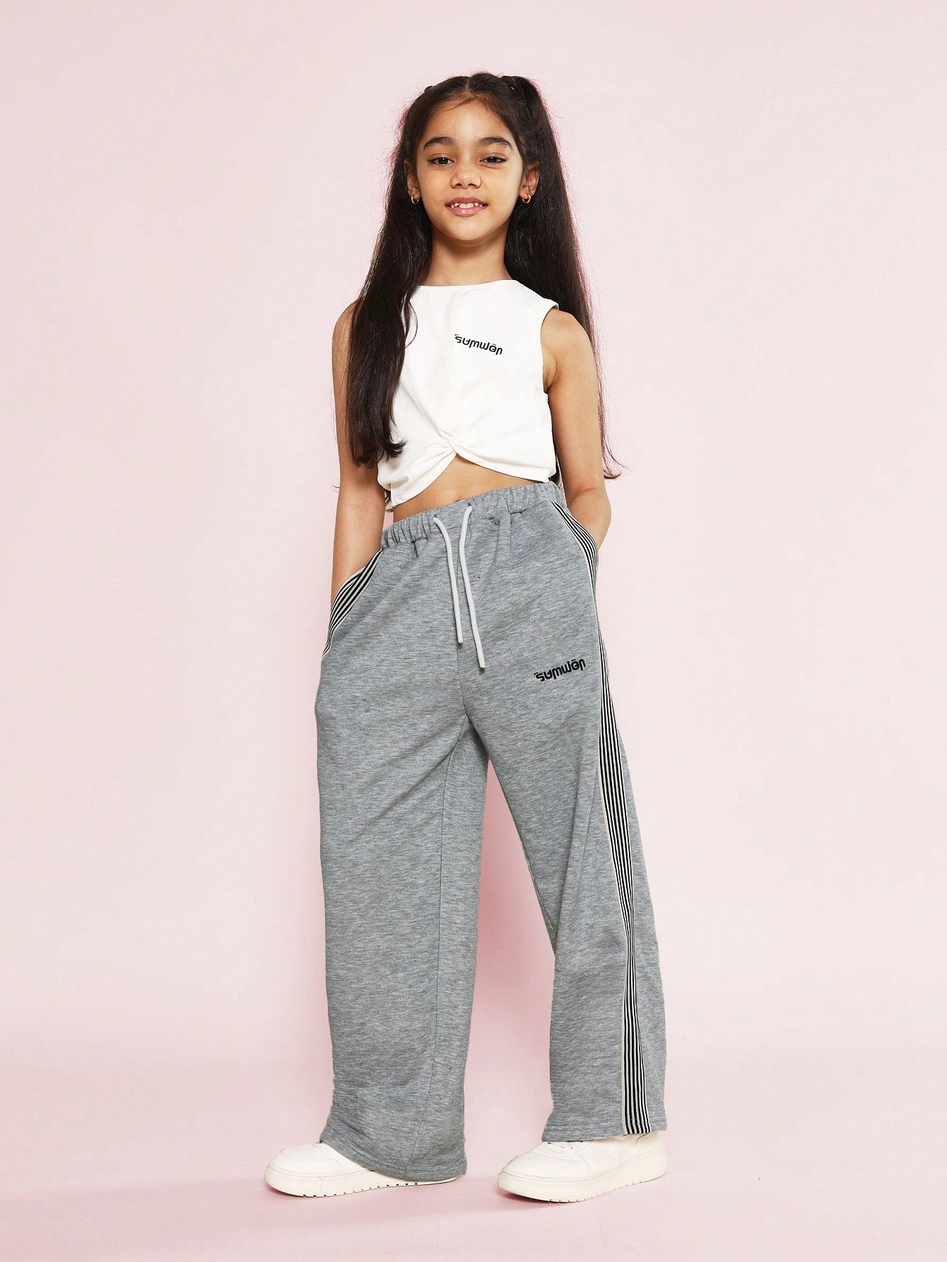 Tween Girls Crop Tank Top And Track Pant With Side Stripe Tape Detail 2 Piece Set